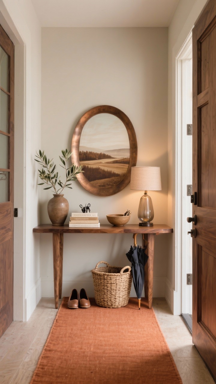 Wide entryway vignette: walnut console against neutral wall, terracotta-toned runner on floor; above console a simple landscape print in soft browns and creams; styling includes stack of neutral coffee table books, stoneware bowl for keys, smoky glass lamp casting warm light; rounded-edge mirror in brushed bronze option shown; olive branches in a heavy ceramic vase; woven basket underneath for shoes and umbrellas; earthy palette of clay, sand, cocoa, and bone; photorealistic, slight angle from doorway.