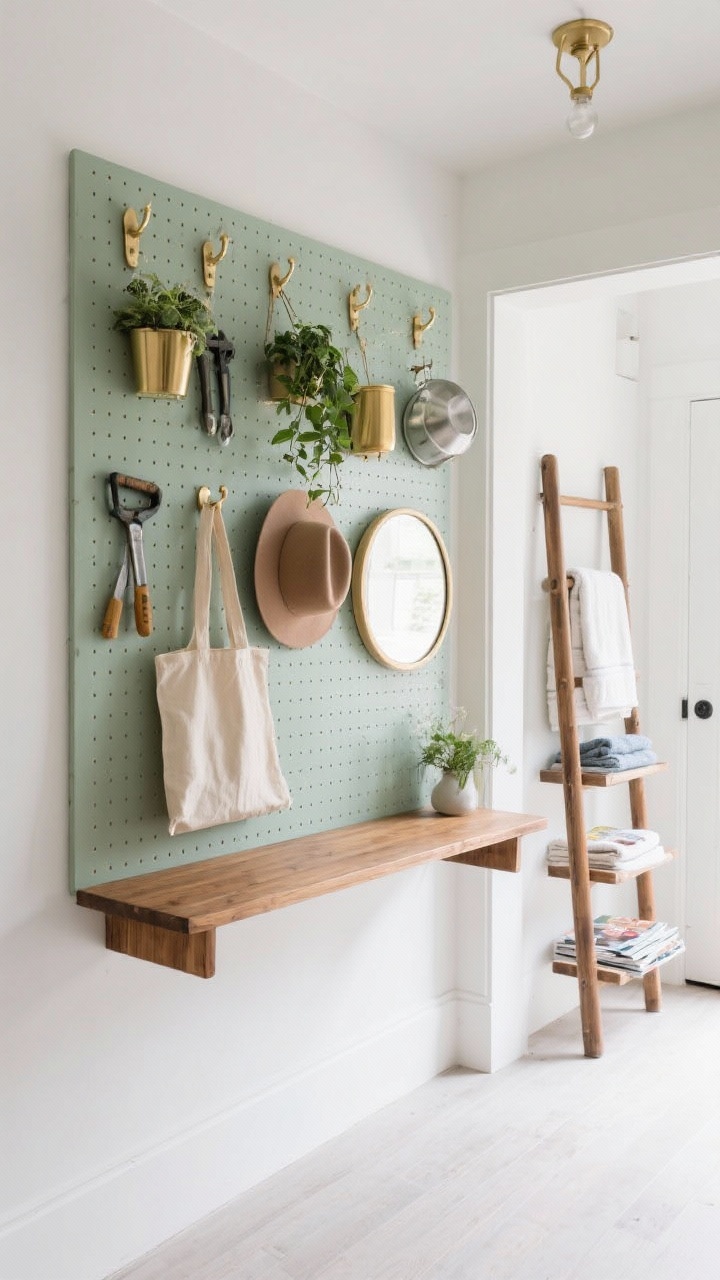 Wide, entryway wall used functionally: a painted pegboard in a chic muted sage with neatly arranged hanging plants, a couple of tools, and kitchen gear; adjacent brass and light wood statement hooks holding a hat and canvas tote; a narrow wood console below a simple round mirror; a leaning ladder shelf to one side with folded towels and magazines. Curated and edited, nothing overcrowded. Bright, clean lighting for a practical, stylish mood.