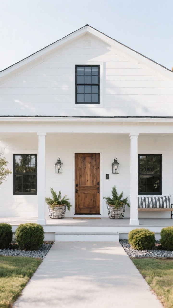 Wide farmhouse facade, straight-on, with pure neutral white matte body and matching white trim for a sculptural, uniform look; black or deep bronze window frames creating strong contrast; warm oak/walnut front door; galvanized metal sconces; a wide front porch with wire baskets of seasonal greens and a bench with a subtle striped cushion; neat landscaping with boxwoods and a gravel border; bright but diffused daylight to reduce glare; photorealistic.