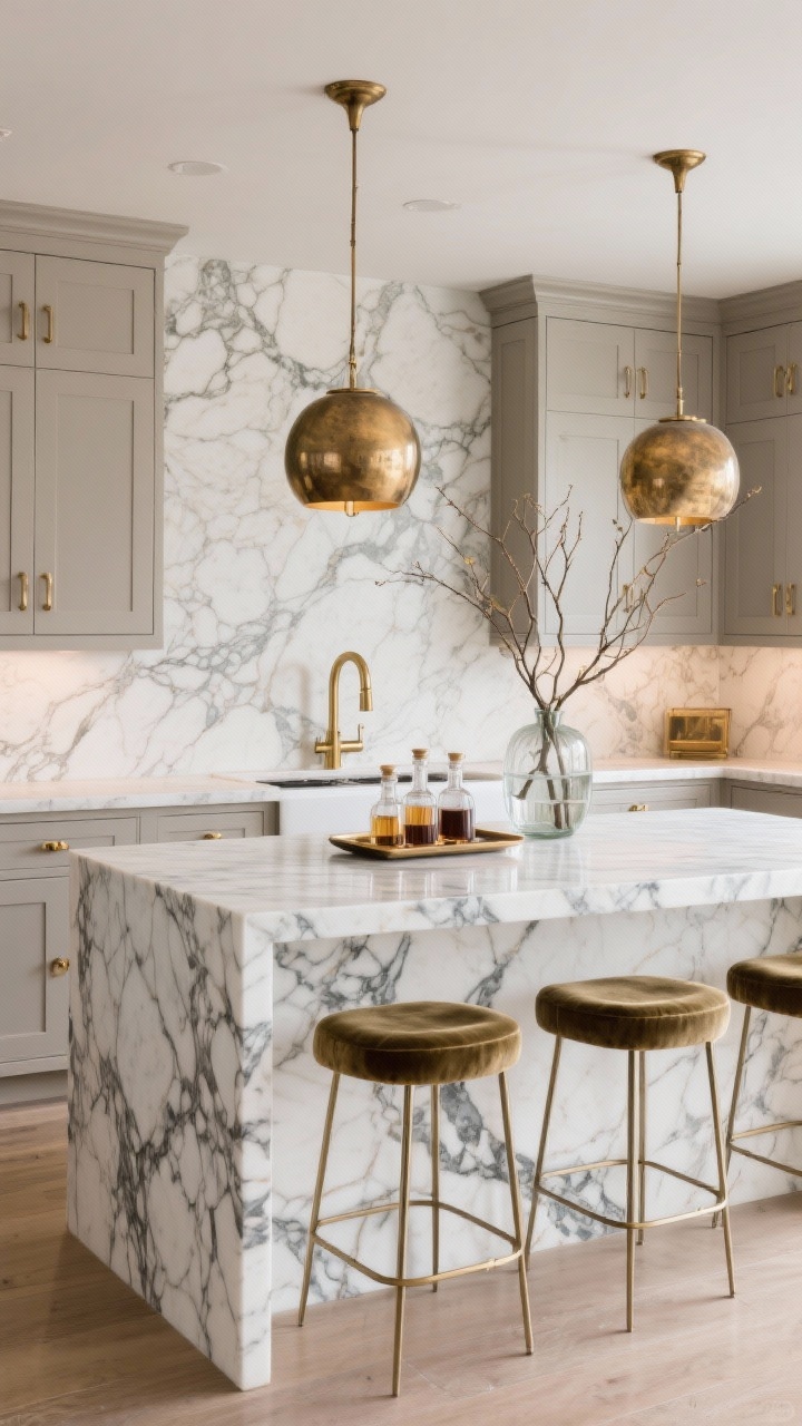 Wide, glam kitchen view centered on a Calacatta marble waterfall island with bold, high-contrast veining; soft taupe/greige shaker cabinets; full-height matching marble slab backsplash; warm brass hardware and faucet; globe pendants in aged brass above the island; velvet bar stools with slender metal frames; accents include a glass vase with long-stemmed branches and a tray with decanters on the island. Photorealistic, luxurious, balanced warmth and cool marble.