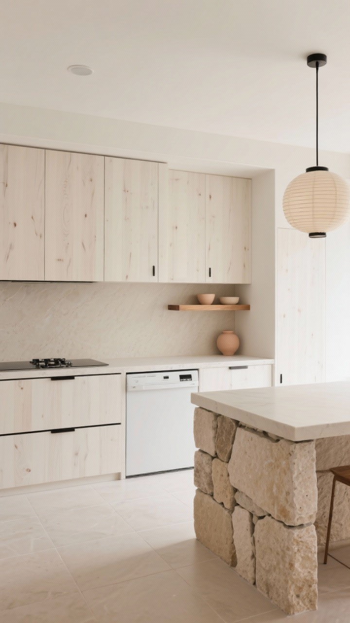 Wide, Japandi calm kitchen emphasizing negative space: rift-cut white oak cabinetry in light sand stain with ultra-simple pulls, beige limestone counter extending into a shallow stone ledge backsplash-shelf holding minimal essentials, one floating oak shelf with pale clay ceramics, flush-mount induction cooktop, panel-ready dishwasher, single paper lantern pendant for softness, large-format porcelain floor tiles minimizing grout lines; palette sand, oatmeal, soft white with blackened steel rail accents and stone mortar; serene, balanced, photorealistic, straight-on wide shot.