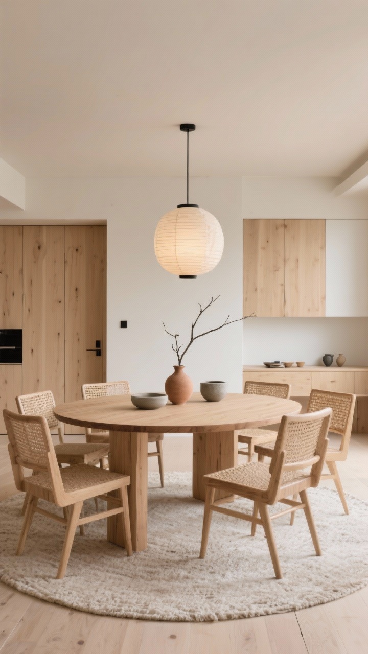 Wide, Japandi dining room calm: solid ash dining table with rounded edges centered on a pale, textural rug, surrounded by woven-seat chairs in a light finish; low-hanging paper/linen pendant lantern casting a serene warm glow over a centered tablescape of matte stoneware and a single branch in a clay vase; open sightlines, concealed storage with flat, unobtrusive doors; palette pale wood, soft beige with subtle matte black punctuations; curved forms throughout; photorealistic, minimal and warm.