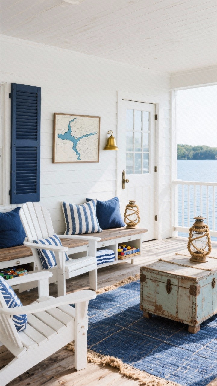 Wide lake-porch scene with coastal farmhouse vibe: white shiplap walls, navy painted shutters, and a driftwood-stained floor. White Adirondack chairs flank a weathered trunk table; a long bench with storage drawers runs along one wall, keeping towels and games stowed. Rope-wrapped lanterns and striped outdoor cushions in blue and white are layered with indigo mudcloth pillows and a blue jute rug. A brass bell by the door and a framed lake map hang nearby; bright, breezy daylight.