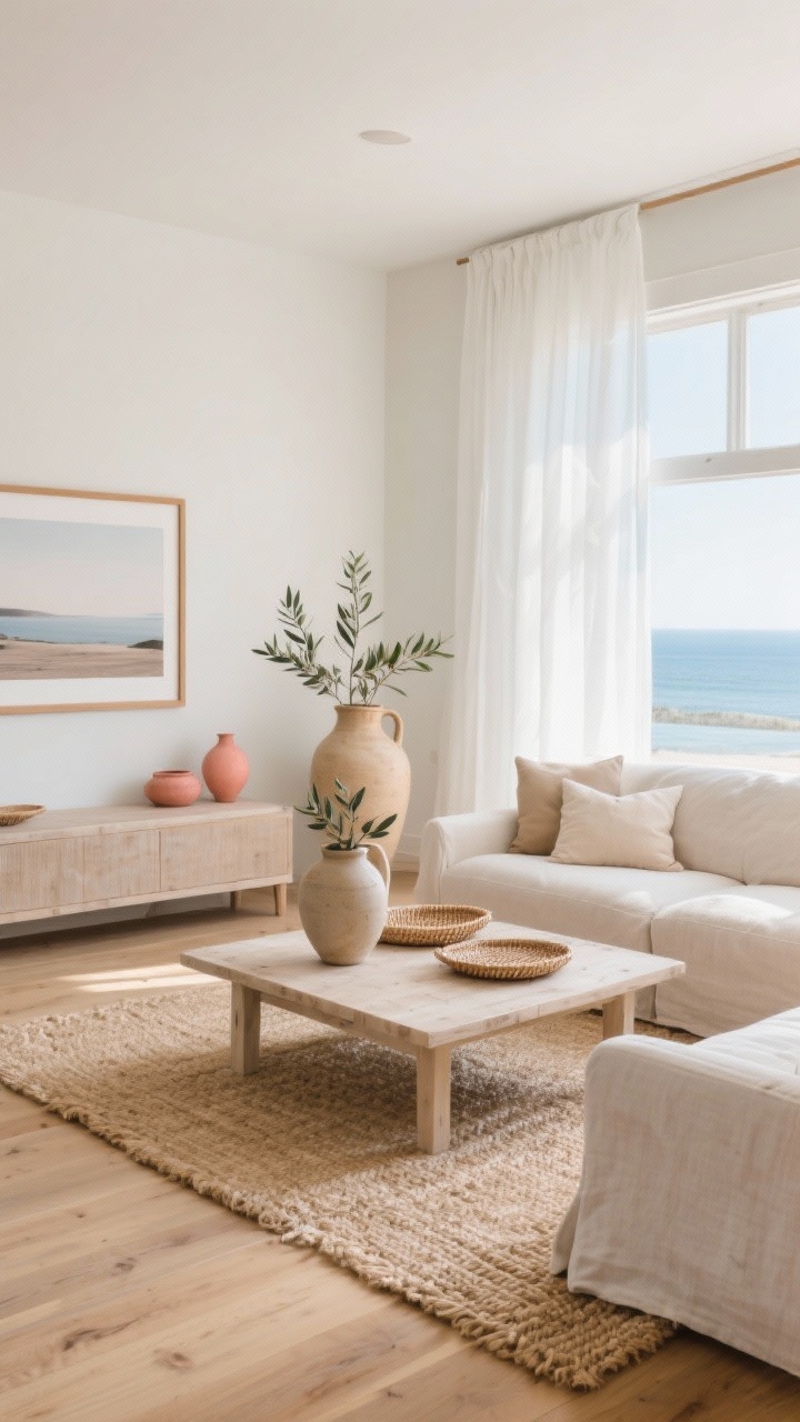 Wide living space, coastal neutral: soft alabaster walls, sun-washed oak floors; slipcovered linen sofa facing a bleached wood coffee table; powdery-beige throw pillows; woven seagrass rug grounding the seating; sheer white panels at the windows billowing slightly; oversized ceramic jug with olive branches, woven trays, coral-toned pottery on the table and console; soft horizon photography in thin oak frames; bright, airy natural light; straight-on view, photorealistic.