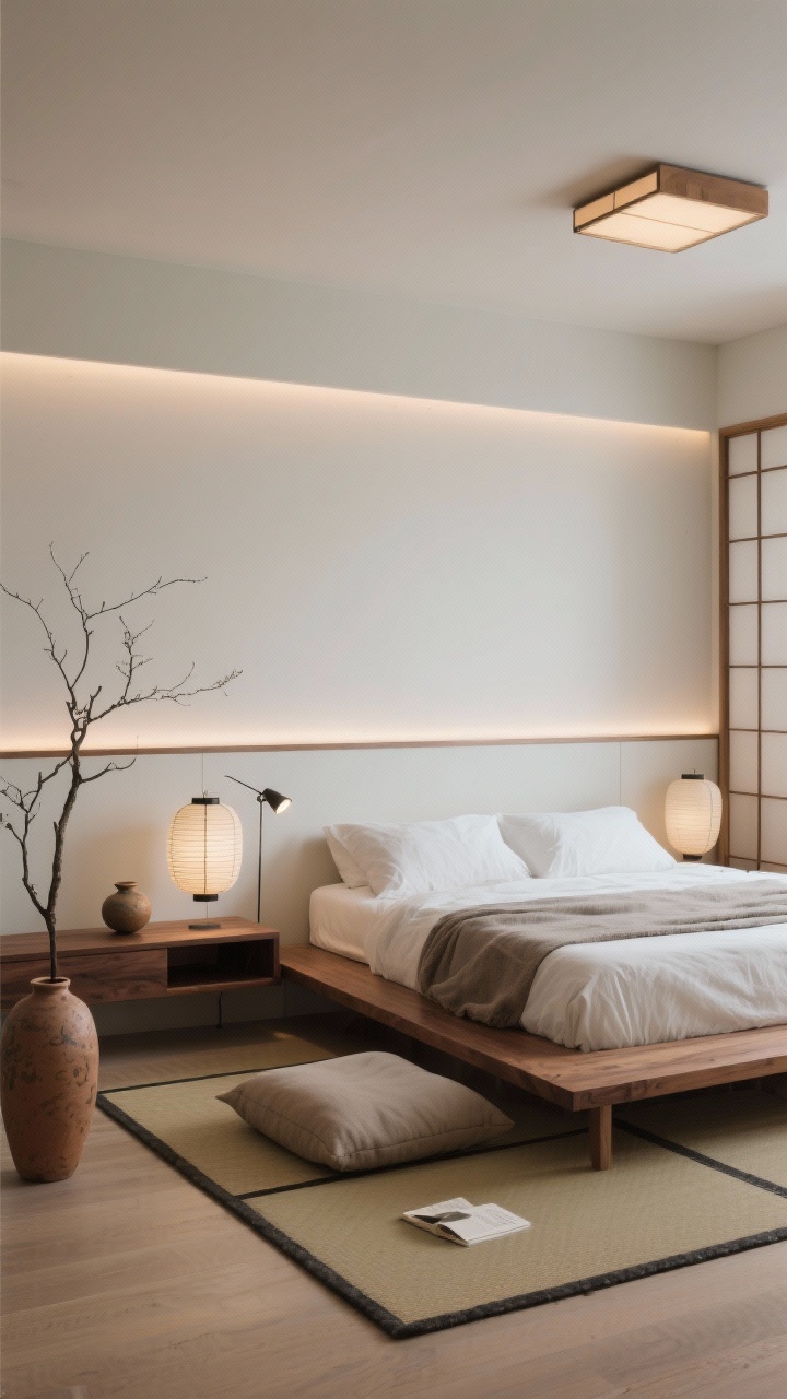 Wide, low viewpoint: Japandi Zen bedroom with calm horizontals—low platform bed on a tatami-style rug, narrow ash console, smoked oak accents, clay and warm white palette with inky touches; shoji-style flush mount providing even overhead light; a floating headboard with integrated LED strips washing the wall softly; low rice-paper lanterns replacing bedside lamps; a single adjustable pin light aimed at a floor reading cushion; minimal decor of handmade ceramics and a branch in a tall vase; photorealistic, serene.