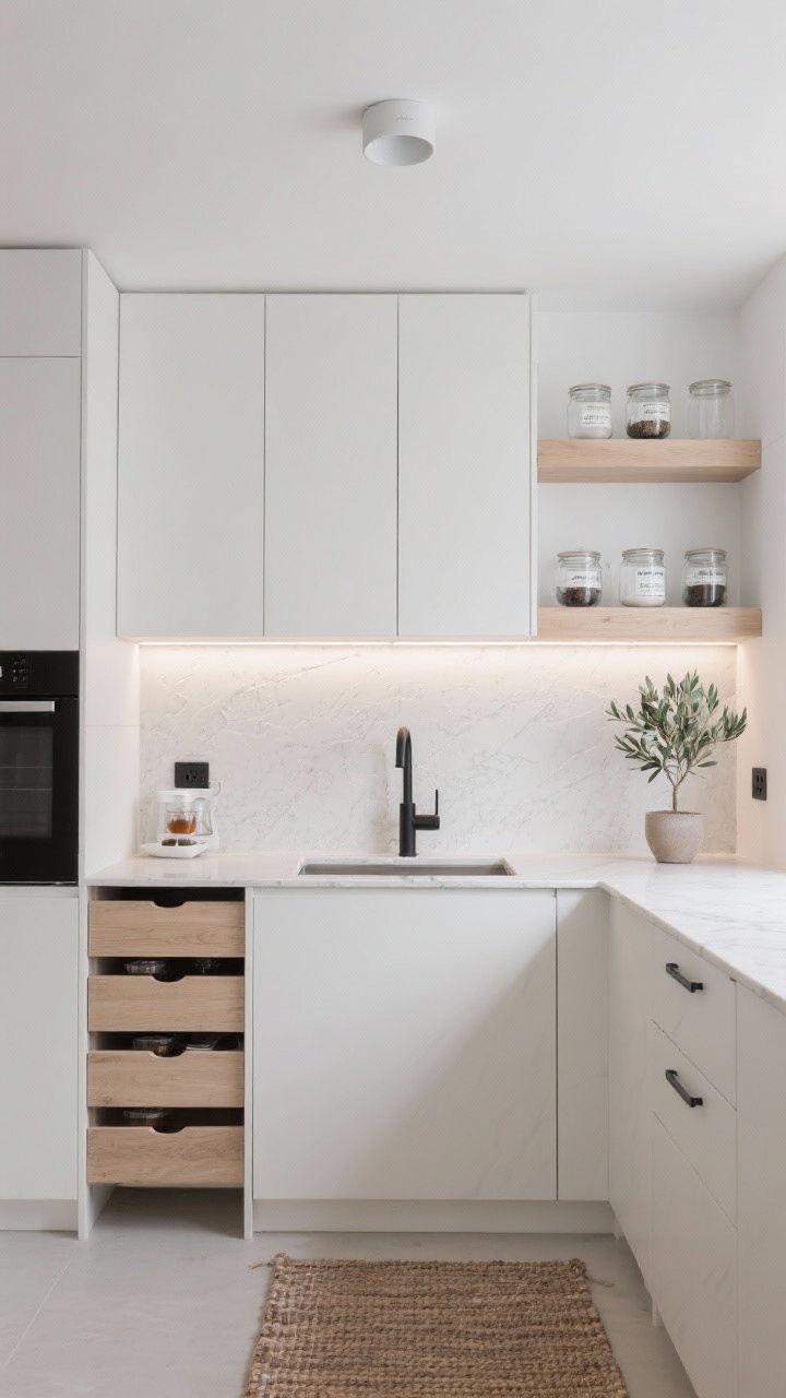 Wide, minimal straight-on shot: A Scandinavian minimalist work zone with whitewashed ash cabinets and integrated pulls, a matching floating shelf system, and matte white quartz counters. A micro-textured porcelain slab backsplash resembling plaster runs cleanly behind. Slim linear LED under-cabinet strips wash the counter with even light, paired with a minimalist flush ceiling fixture to eliminate shadows. Show a hidden appliance garage with pocket doors partially open, drawer organizers for a tea and coffee station, and clear airtight jars with discreet labels lined on the shelf. Add a woven runner on the floor, a single potted olive tree, and matte black faucet and outlet covers for soft contrast.