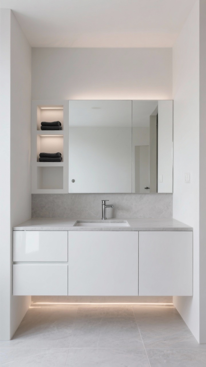 Wide, minimalist bathroom scene, straight-on: high-gloss white cabinet with perfectly aligned slab fronts and integrated finger pulls, full overlay. Thin-profile light gray concrete-look counter, wall-mounted spout above. Large-format porcelain floor tiles in a tonal palette, rimless rectangular mirror. Recessed niche shelves with monochrome towels and a subtle concealed LED toe-kick glow. Clean, even lighting emphasizing reflections and precision lines, photorealistic.