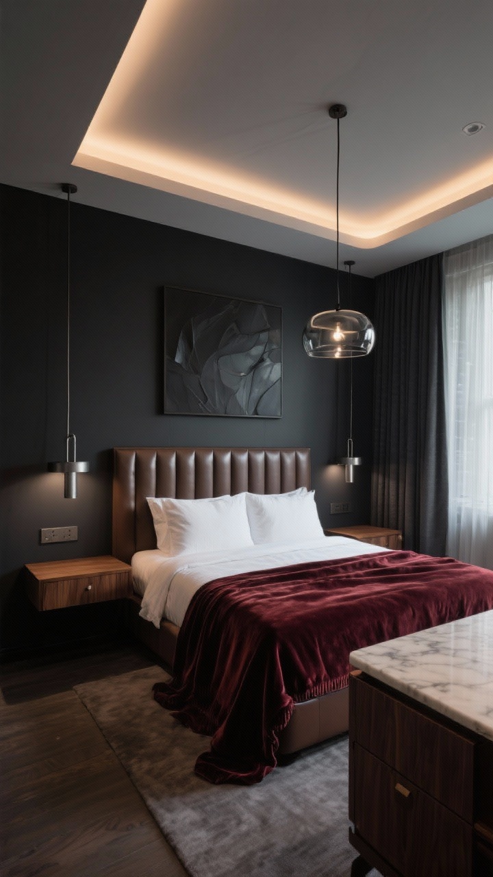Wide, moody corner angle: Moody Boutique Hotel bedroom with deep charcoal walls and LED cove lighting along the ceiling perimeter creating a soft cinematic glow; sleek vertical gunmetal wall sconces replace table lamps beside a channel-tufted headboard with floating wood nightstands; a smoked-glass pendant centered above the bed adding subtle shimmer; espresso wood, oxblood leather accents, marble-topped dresser, velvet throw, dark abstract art, layered blackout-and-sheer drapes; all fixtures on dimmers at 2200–2700K; photorealistic, dramatic contrast.