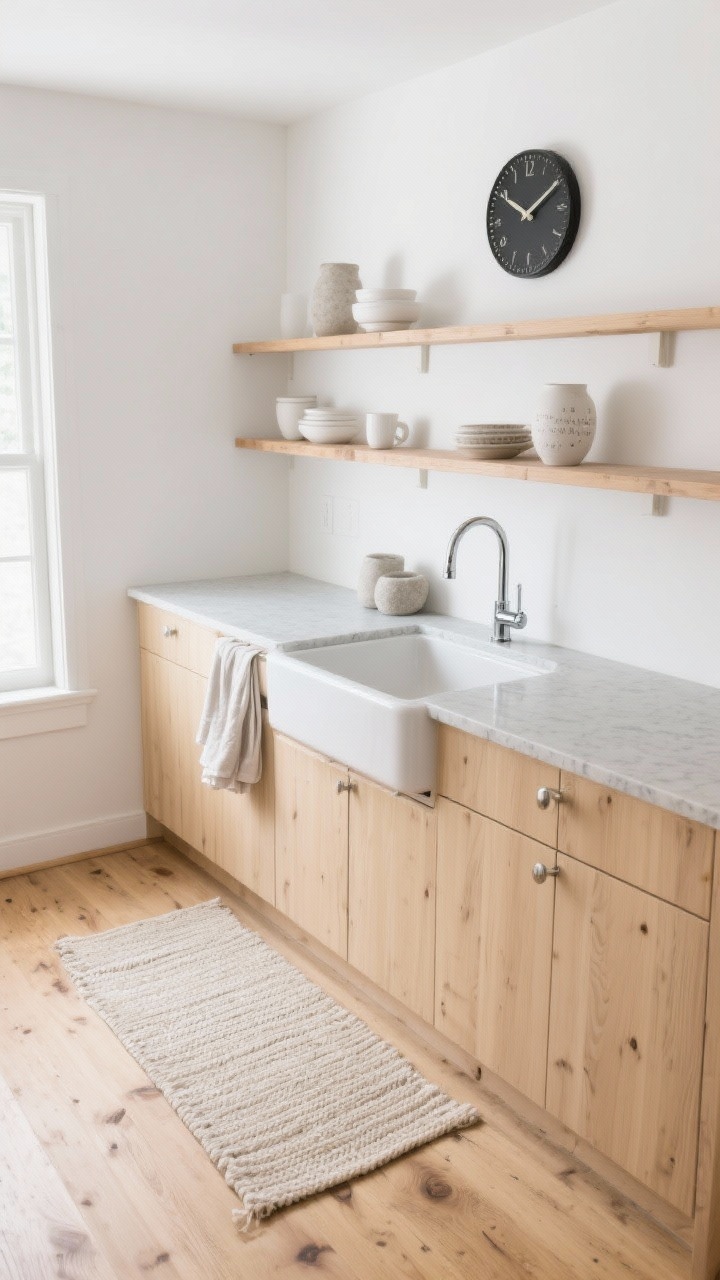 Wide overhead angle capturing Scandi light and airy shelving wall: blonde birch/ash base cabinets with pale gray quartz countertop, open wood shelves styled with simple white and stoneware pieces, white walls, wide-plank oak floors, stainless apron-front sink with sleek chrome faucet. A pale woven runner on the floor, linen dish towels neatly folded, and a minimal black wall clock above. Bright diffuse daylight, calm and clean mood, photorealistic.