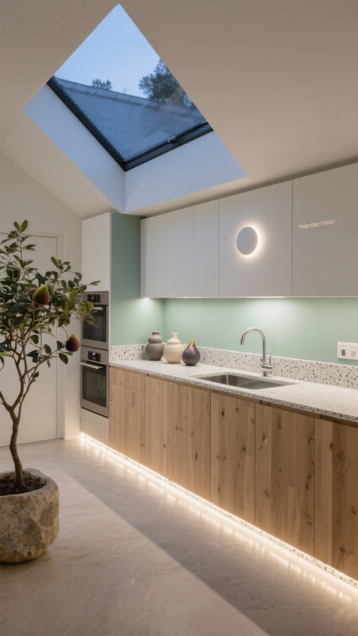 Wide overhead/angled shot: Bright, airy kitchen with a central skylight flooding natural light, smart-controlled scenes subtly active at dusk; LED strips along the plinths (toe-kicks) creating a floating floor effect, and a minimal surface-mount disc light over the sink adding sparkle; white oak slab cabinet doors, terrazzo countertops, pale sage walls shifting with the light; accents of curated ceramics and a fig tree in a stone planter; include smart dimmer interface glow hints (Prep/Clean/Night) in ambient lighting cues; photorealistic, evening ambiance.