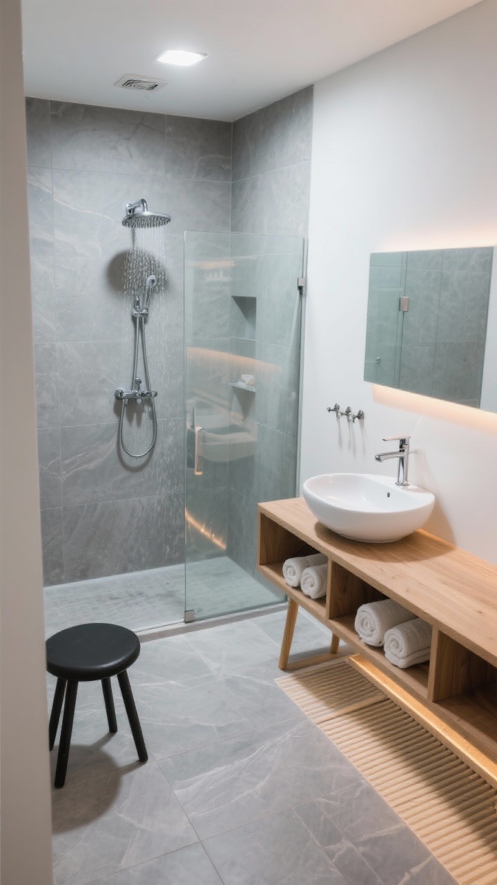 Wide overhead corner shot: Scandinavian Wet Room with large-format matte stone tiles floor-to-ceiling, subtle glass wing shielding a walk-in shower with ceiling-mounted rainfall head. A slim oak vanity on legs with a white vessel sink and wall-mounted chrome tap sits along one wall. Soft gray grout unifies the space; warm LED strips tuck under a floating shelf. Open cubbies with rolled towels, minimal wall hooks, heated floors, and a simple black stool. Airy, bright, photorealistic.