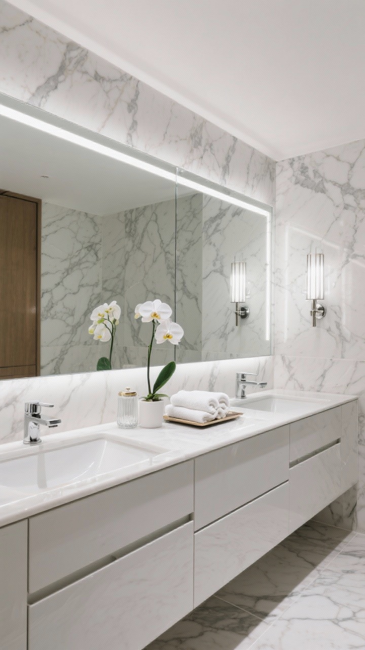 Wide panoramic shot, straight-on: Luxe bathroom with an edge-to-edge mirror spanning the wall over a long double vanity. Vanity wall wrapped in veined marble tile/marble-look porcelain creating a sophisticated backdrop. High-gloss lacquered drawers in white or dove gray. Polished chrome fixtures reflect light for a classic hotel vibe. Lighting via LED strip tucked under a slim mirror ledge and sleek vertical sconces for balanced illumination. Styling is minimal: single orchid, folded towels, a tray with glass canisters.