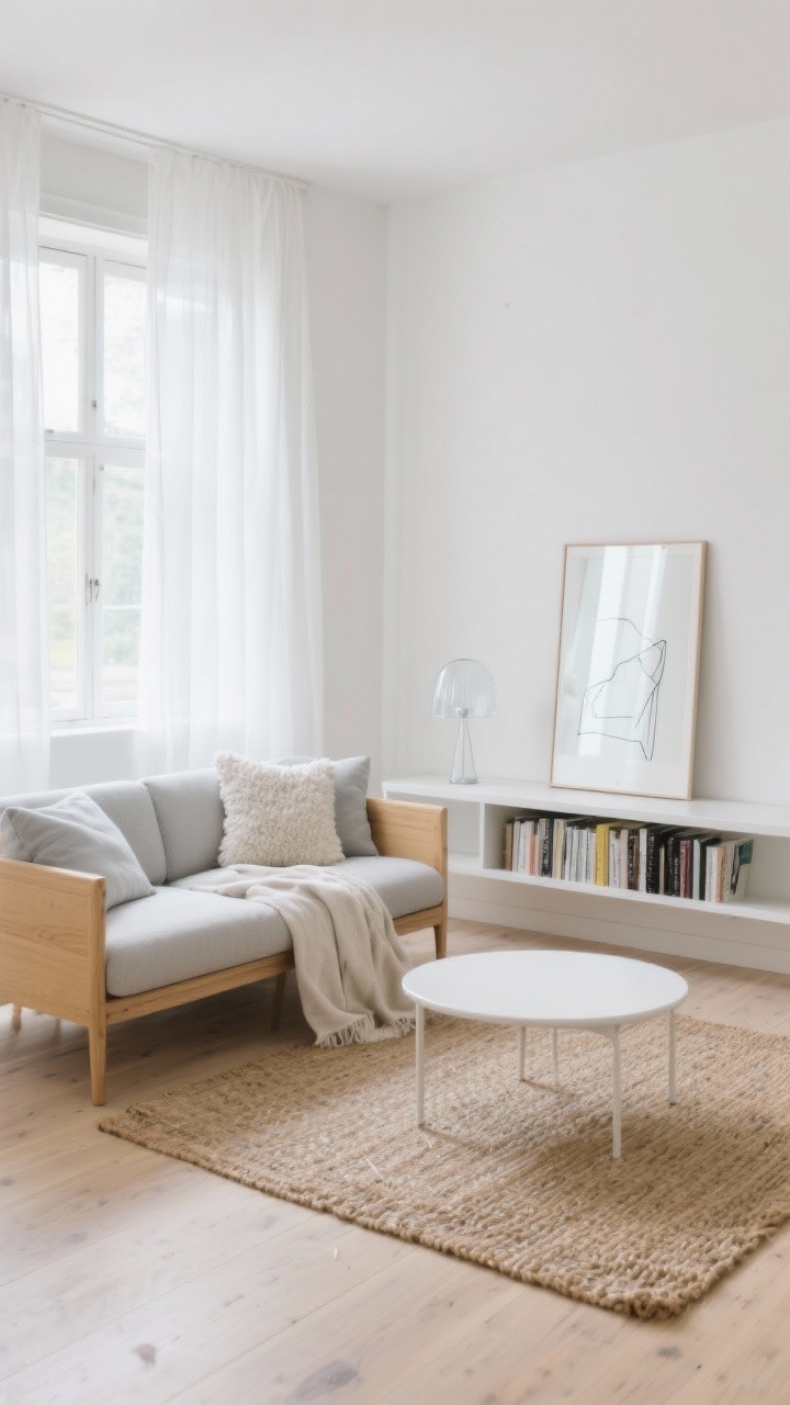 Wide room shot: A light and airy Scandi minimalist living room with soft white walls, pale oak floors, and sheer white linen curtains glowing with natural daylight. Furniture is slim and elevated on legs: a blonde wood sofa with light gray cushions, a round white coffee table, and a slender floating media console. A long floating shelf replaces bulky bookcases, styled sparsely. Add bouclé pillows, a linen throw, a woven jute rug, a large unframed mirror leaning to reflect light, minimal line art, and a clear glass lamp. Straight-on perspective, photorealistic, serene and weightless mood.