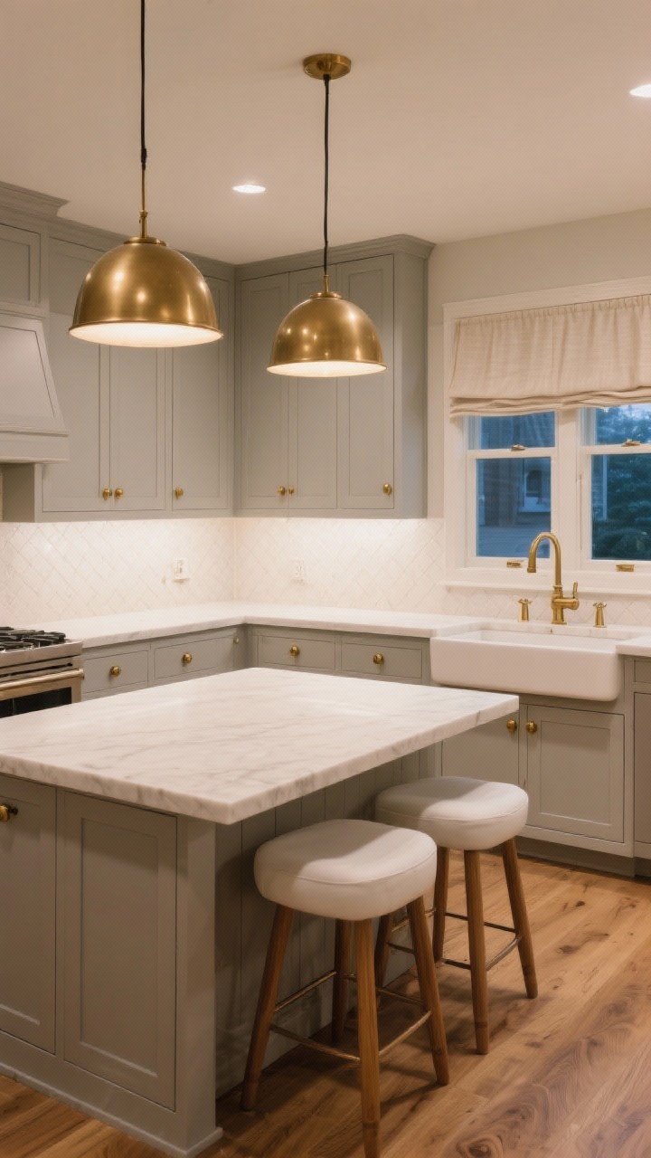 Wide room shot: A modern classic kitchen with soft greige inset Shaker cabinets, creamy quartz countertops that rise into a low-profile matching backsplash, warm brushed brass hardware with knobs and cup pulls, and a brass bridge faucet. Two dome-shaped brass pendants glow over a central island with ivory bar stools on oak legs. Matte medium-oak flooring with subtle grain, a linen Roman shade at the window, soft evening ambient light, cozy yet elevated mood, corner angle perspective.