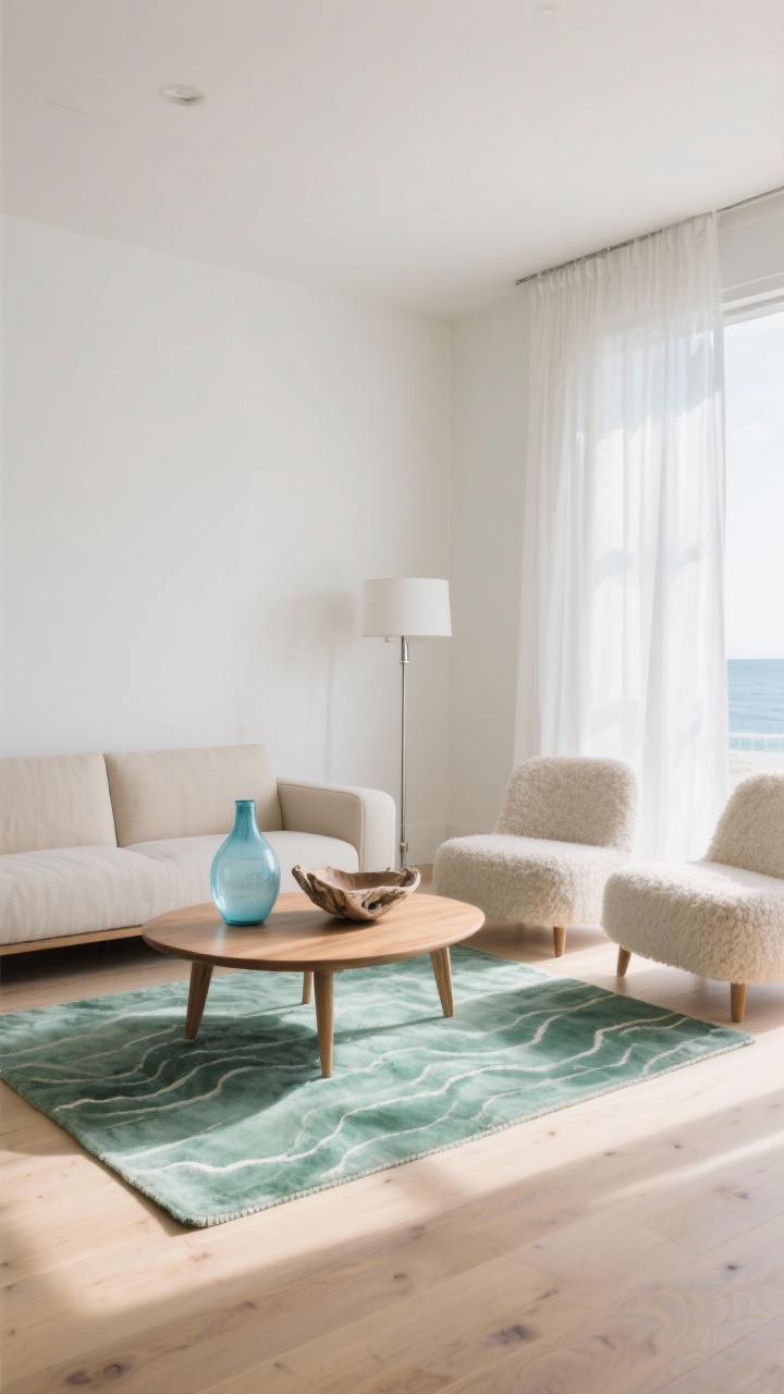 Wide room shot: A serene modern coastal living room with bleached oak floors, ivory walls, and a low-profile linen sectional in dune beige. A single sea-glass green rug with a subtle wave pattern anchors a curved oak coffee table, flanked by two bouclé accent chairs. A slim brushed nickel floor lamp stands near oversized sheer white drapes that billow with natural light. Styling includes a translucent blue vase and a driftwood-style bowl on the coffee table. Photorealistic, airy, boutique-hotel minimalism, late-morning sunlight.