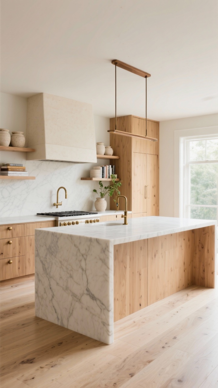 Wide room shot: A soft modern kitchen with flat-panel light honey oak cabinetry, creamy low-vein quartzite countertops, and a chunky waterfall island with gently rounded corners; matte brass bridge faucet and reeded brass knobs/finger pulls; open white oak shelves floating beside a simple plaster hood styled with pale ceramic crocks, linen-wrapped cookbooks, and a single trailing plant; slim bronze linear pendant over the island; wide-plank white oak floors in satin finish; warm oak, cream, soft putty, and matte brass palette; calm, spa-like natural daylight, photorealistic, no people.