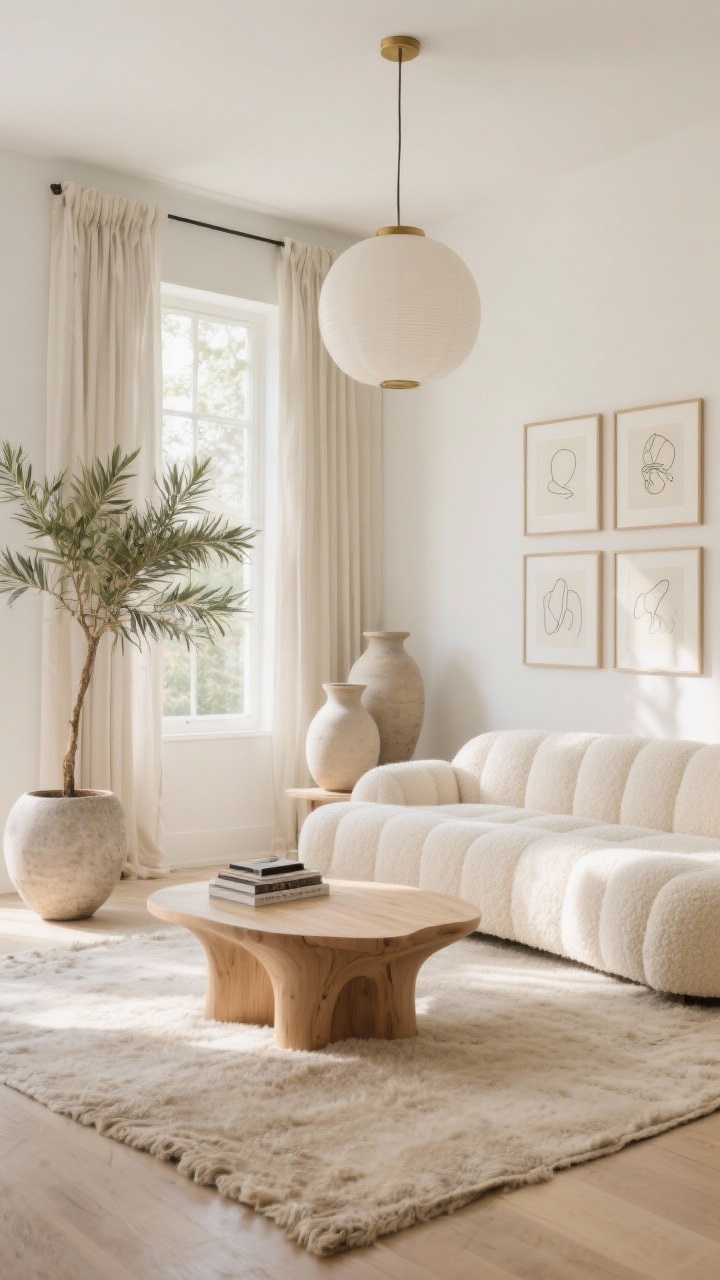 Wide room shot: A sunlit organic modern living room with a low creamy boucle sofa centered on a neutral wool rug, a curved light-oak sculptural coffee table with plaster-like softness, soft limestone white walls, tall windows framed by linen pinch-pleat curtains, oversized matte ceramic vases in stone finishes, and a potted palm or olive tree in a textured planter. Include a milky glass globe pendant with a subtle brushed brass stem overhead, a gallery wall of airy line art, and a small stack of design books. Palette: sand, oat, warm white, light oak. Photorealistic, gentle afternoon natural light.