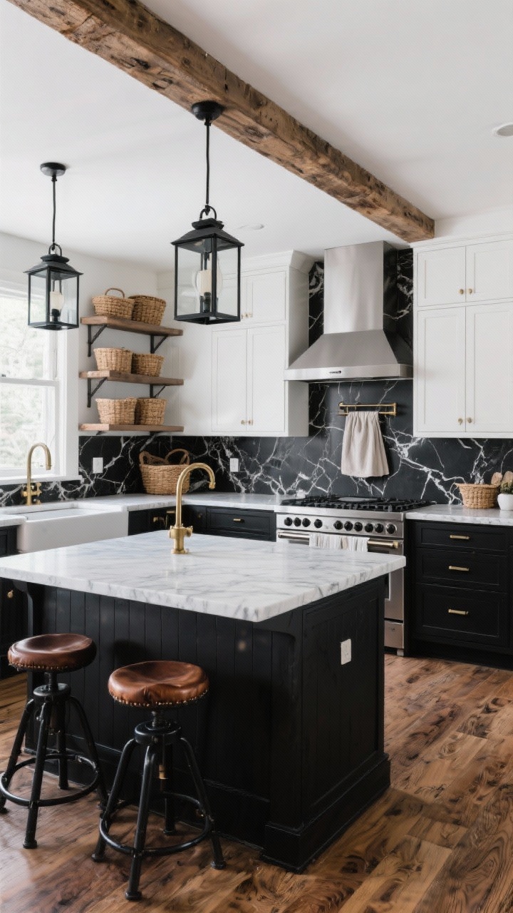 Wide room shot: Black-and-white modern farmhouse kitchen with matte black lower cabinets and white Shaker uppers, dramatic marble-look quartz countertop and full-height backsplash featuring bold charcoal veining behind a stainless range and apron-front farmhouse sink. Aged brass or black hardware, hand-scraped walnut flooring, black lantern pendants over the island, saddle leather stools with black metal bases, rustic ceiling beam and woven baskets on open upper shelves, balanced crisp-and-cozy atmosphere, straight-on view.