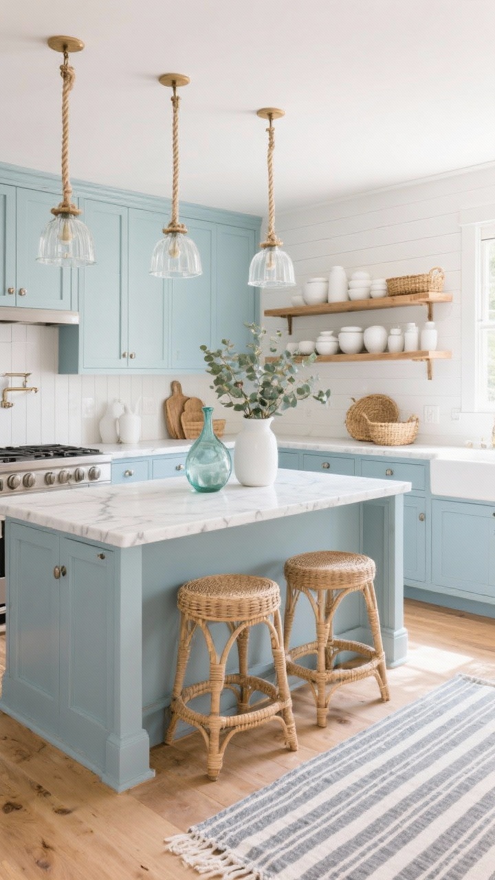 Wide room shot, coastal breeze kitchen: powder blue shaker cabinets with brushed nickel hardware; white quartz countertops with delicate gray veining; sunwashed oak floors; white tongue-and-groove backsplash; natural wood open shelves displaying white ceramics and woven baskets; striped runner on the floor; clear glass pendants with rope detail over the island; rattan counter stools; sea-glass vases and eucalyptus in a tall white pitcher; walls in soft warm white. Bright natural daylight, airy seaside vibe, no people, photorealistic.