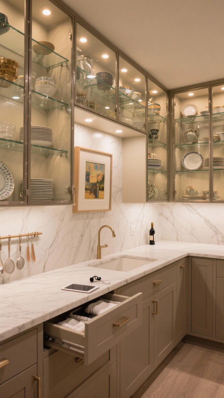 Wide room shot from a corner angle: A glass gallery entertainer’s pantry with floor-to-ceiling steel-framed glass cabinets displaying curated serveware, warm LED puck lights inside. Lower cabinets in mushroom taupe conceal essentials. Calacatta quartz countertops with delicate linear veining run into a short splash. Centered above the counter, an art-lighted niche showcases a small painting. Show adjustable glass shelves with plate grooves, felt-lined drawers for linens, and a concealed charging drawer slightly open with a tablet and wine opener. Add a slimline under-cabinet rail holding bar spoons and strainers. Even, warm evening lighting for a refined, gallery-like mood.