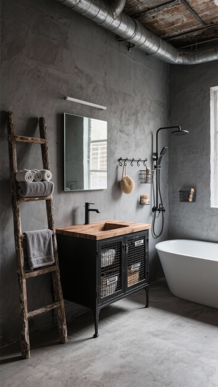 Wide room shot: Industrial loft bathroom with soft charcoal plaster walls and an oversized rectangular mirror, a butcher-block vanity top on a matte-black frame with metal mesh cabinet doors showing labeled wire baskets inside. Beside a freestanding tub, rustic ladder shelves lean with rolled towels. Add a mounted rail with S-hooks holding loofahs and brushes, and powder-coated corner metal caddies in the shower. Materials: concrete, black metal, warm wood. Lighting slightly moody, practical and rugged.