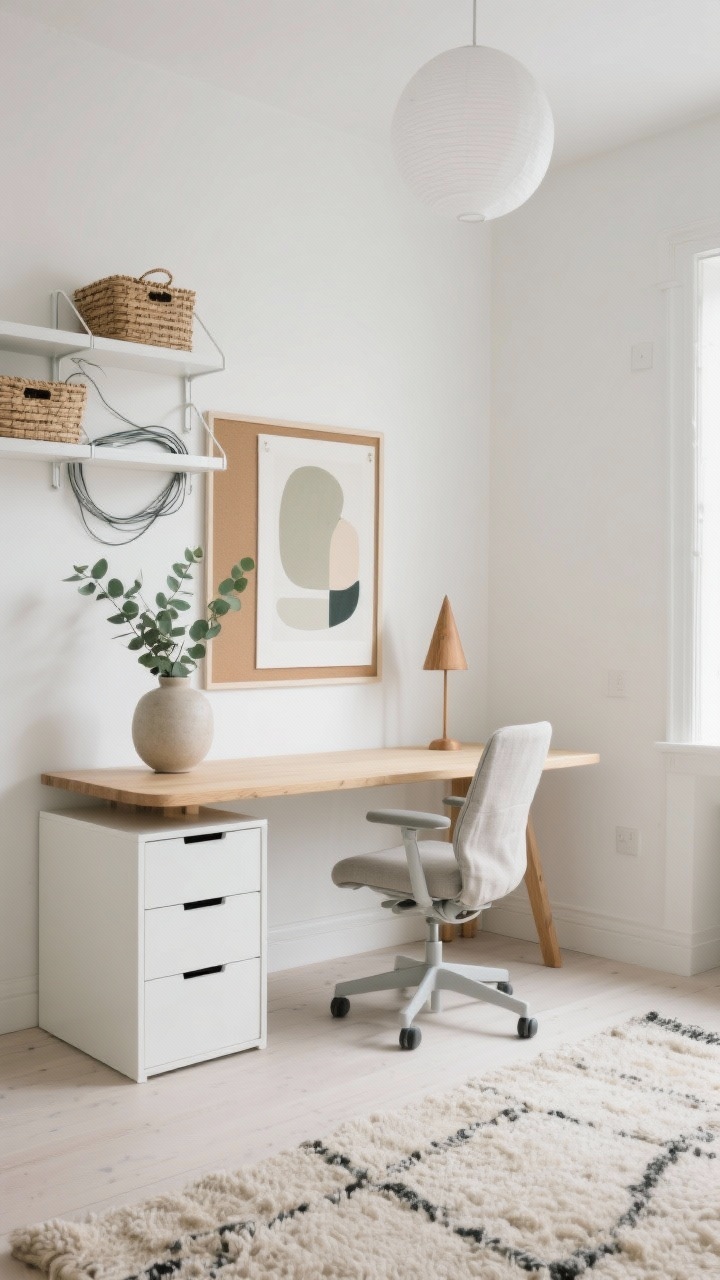 Wide room shot of a Scandinavian calm home office with matte white walls and a blonde wood desk with rounded edges, creamy neutral palette of oatmeal, warm white, and a whisper of sage; slim white drawer unit, low-profile ergonomic task chair in light gray, linen pinboard above the desk with a single oversized abstract print in muted neutrals; chunky wool rug underfoot, stoneware vase with eucalyptus on the desk; white metal wall shelves with woven baskets hiding cables; cone-shaped oak desk lamp on the desk and a frosted orb ceiling light; minimal clutter, soft morning natural light creating a quietly energizing mood.