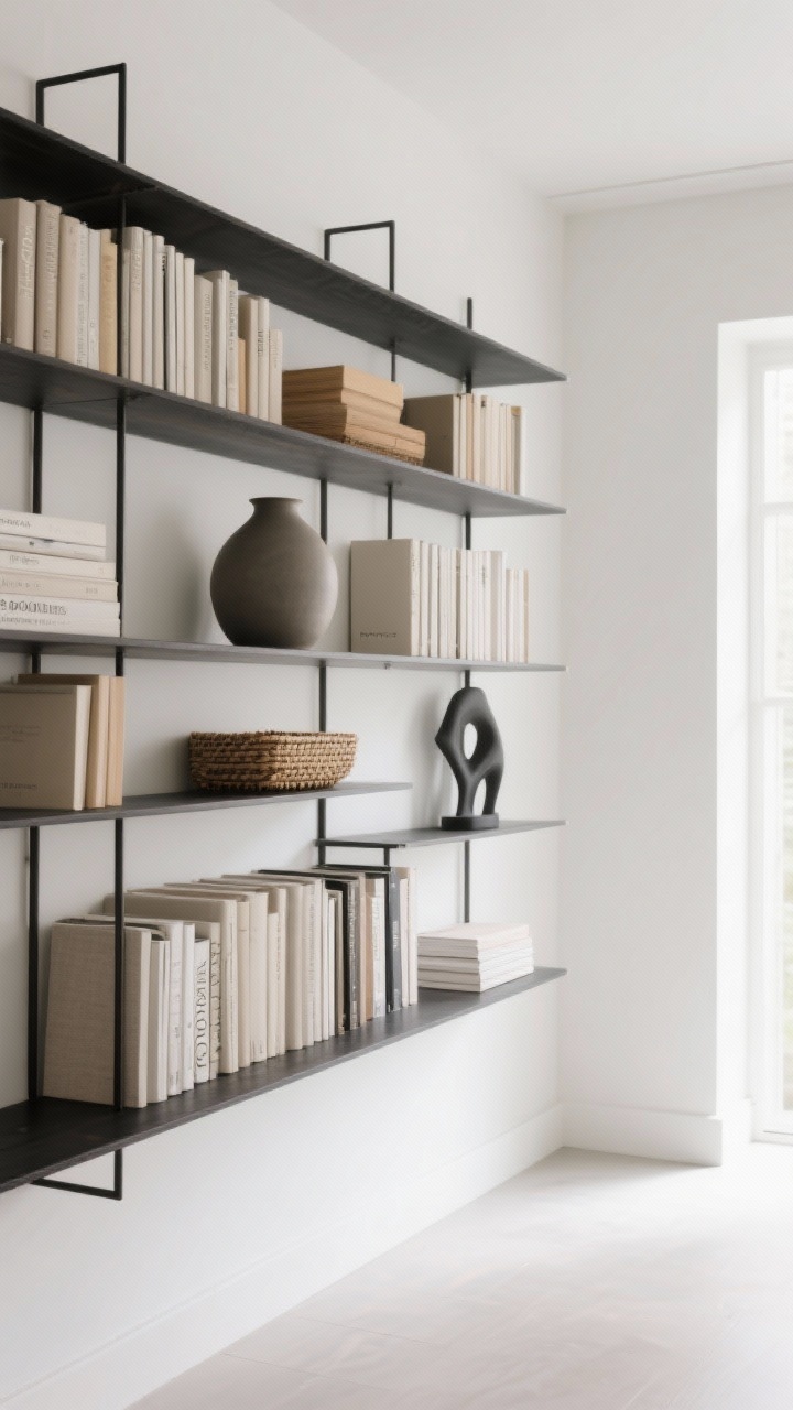 Wide room shot of a wall-mounted shelving unit where the base layer is established: vertical and horizontal stacks of books with dust jackets removed to show neutral linen spines, one substantial piece per shelf (a large matte ceramic vase, a woven basket, a sculptural object), and deliberate negative space left open; some items subtly pushed back while others are pulled forward to create dimension; neutral palette of white, black, and natural wood; bright indirect daylight, crisp and clean, emphasizing the “bones” and breathing room.
