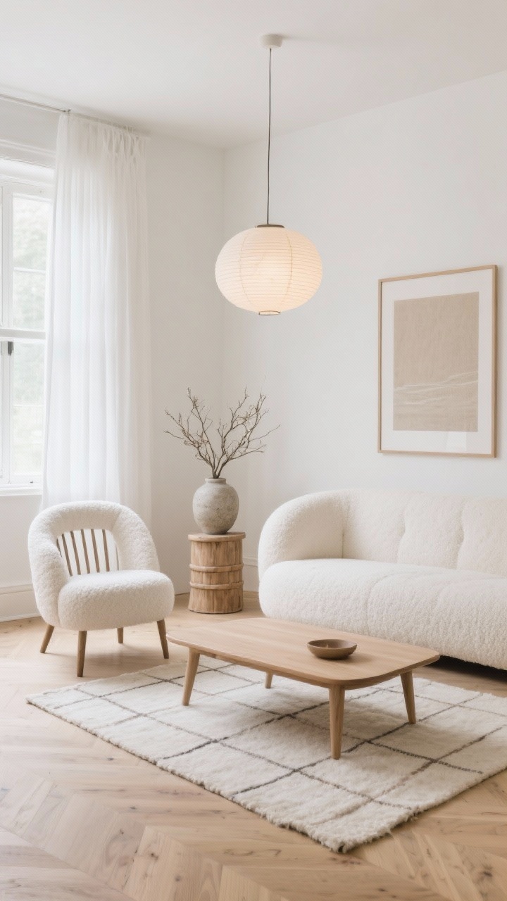 Wide room shot, Soft Scandi living room: warm white walls, light oak floors, curved ivory boucle sofa and spindle accent chair around a low-profile ash coffee table on a pale wool rug with a subtle grid; sheer linen curtains, stacked neutral art, ceramic drum side table, dried branches in a stone vase; single paper lantern pendant casting a soft, diffused glow; palette of warm white, soft oat, pale ash wood; airy, calm mood; straight-on perspective, photorealistic.