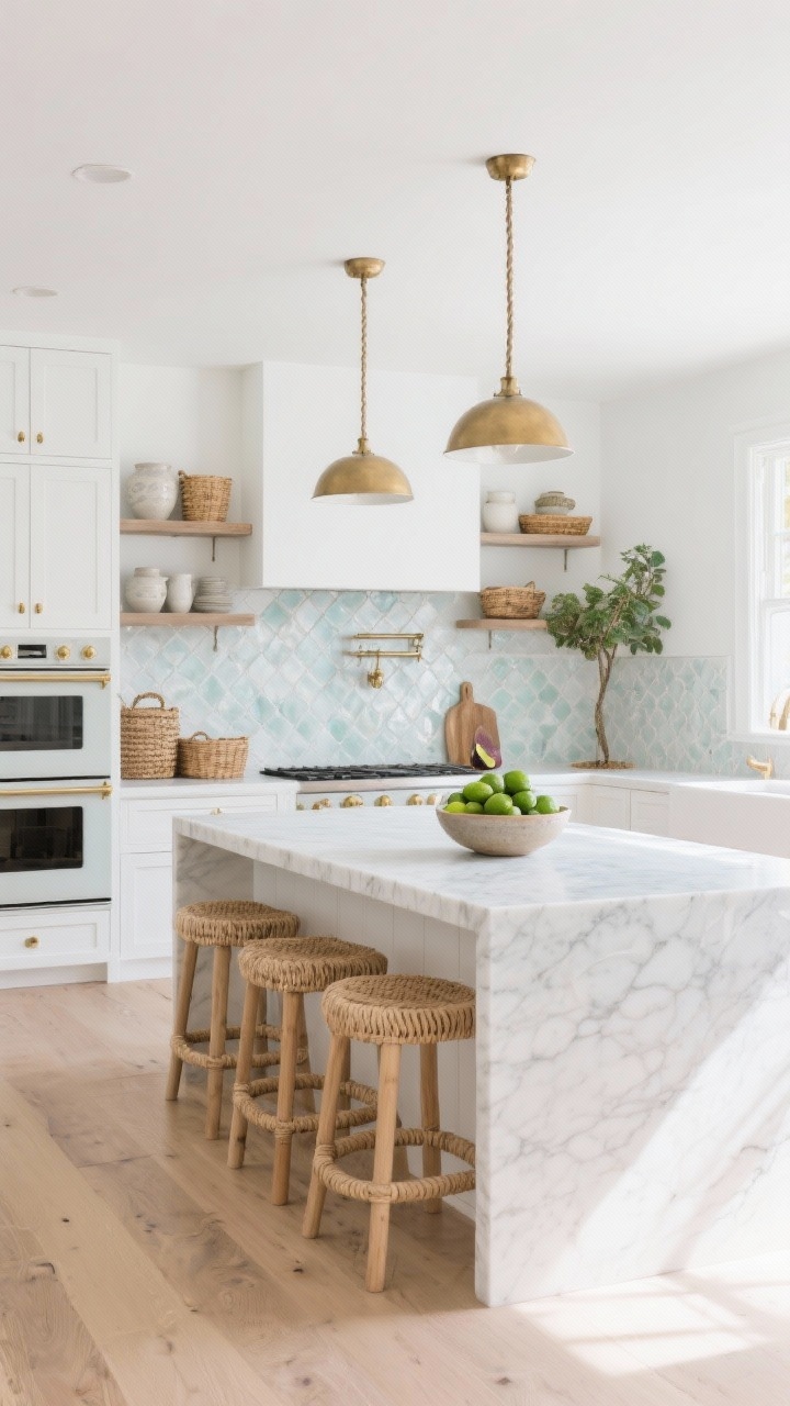 Wide room shot, straight-on view: A serene modern coastal kitchen with soft white walls, pale oak floors, and a generous rectangular waterfall island in honed Carrara marble with bar seating for four. Flat-panel white cabinetry with brushed brass pulls, handmade sea-glass white zellige tile backsplash, and simple matte brass pendants over the island. Rope-wrapped counter stools with light oak frames, open shelves flanking the range holding stoneware and rattan baskets. A ceramic bowl of green limes on the island and a single fig tree in the corner. Bright, sunlit, airy mood, photorealistic.