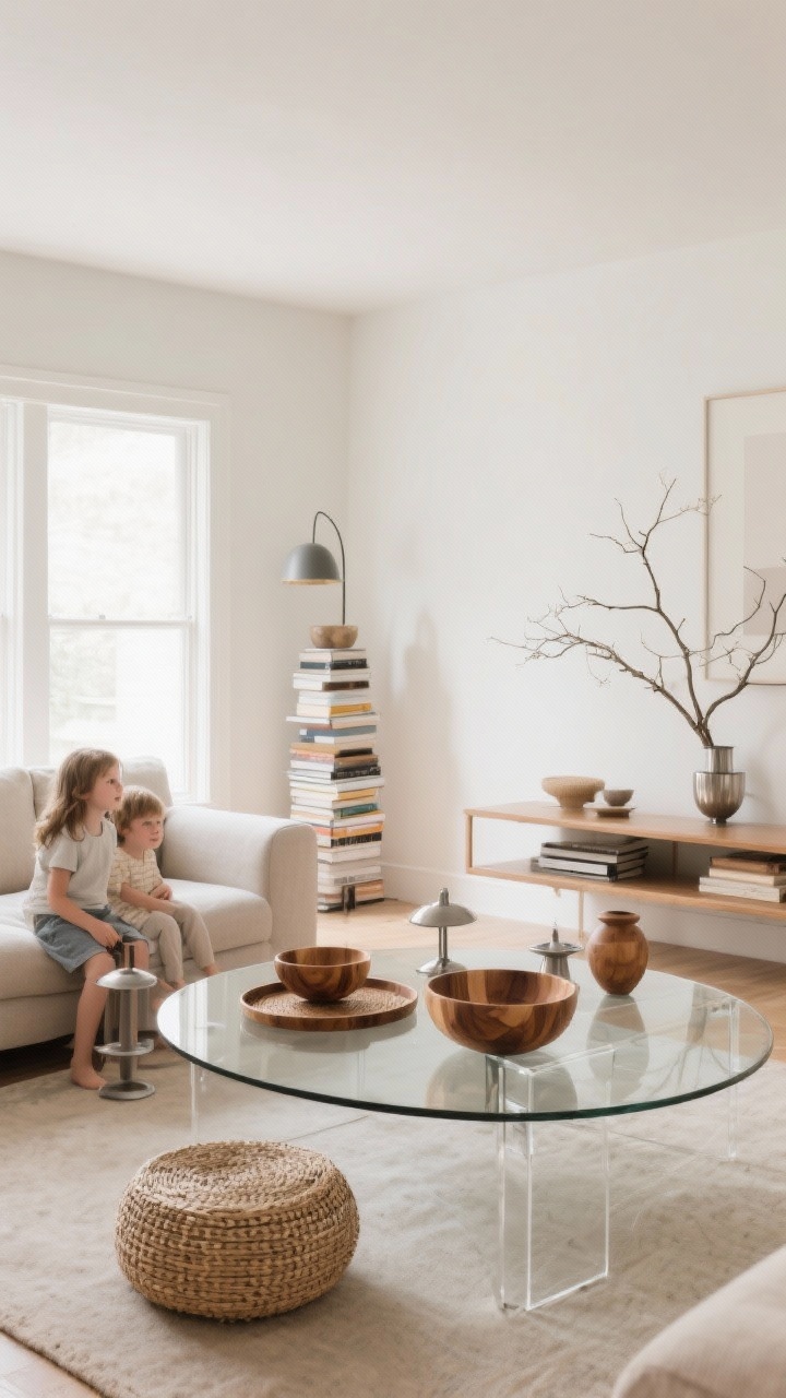 Wide room shot tailored for lifestyle versatility: a family-friendly setup with unbreakable wooden bowls, a woven round tray, metal accents, and rounded-edge table and objects; scaled-down styling for a small living room using fewer, larger pieces; include a clear acrylic or glass table to visually lighten the space, paired with textural items for contrast; for a large or oversized table variant, show quadrant thinking with one open corner, a floating book stack, and scaled-up branches; harmonious neutrals, practical negative space, bright but soft daylight, no people