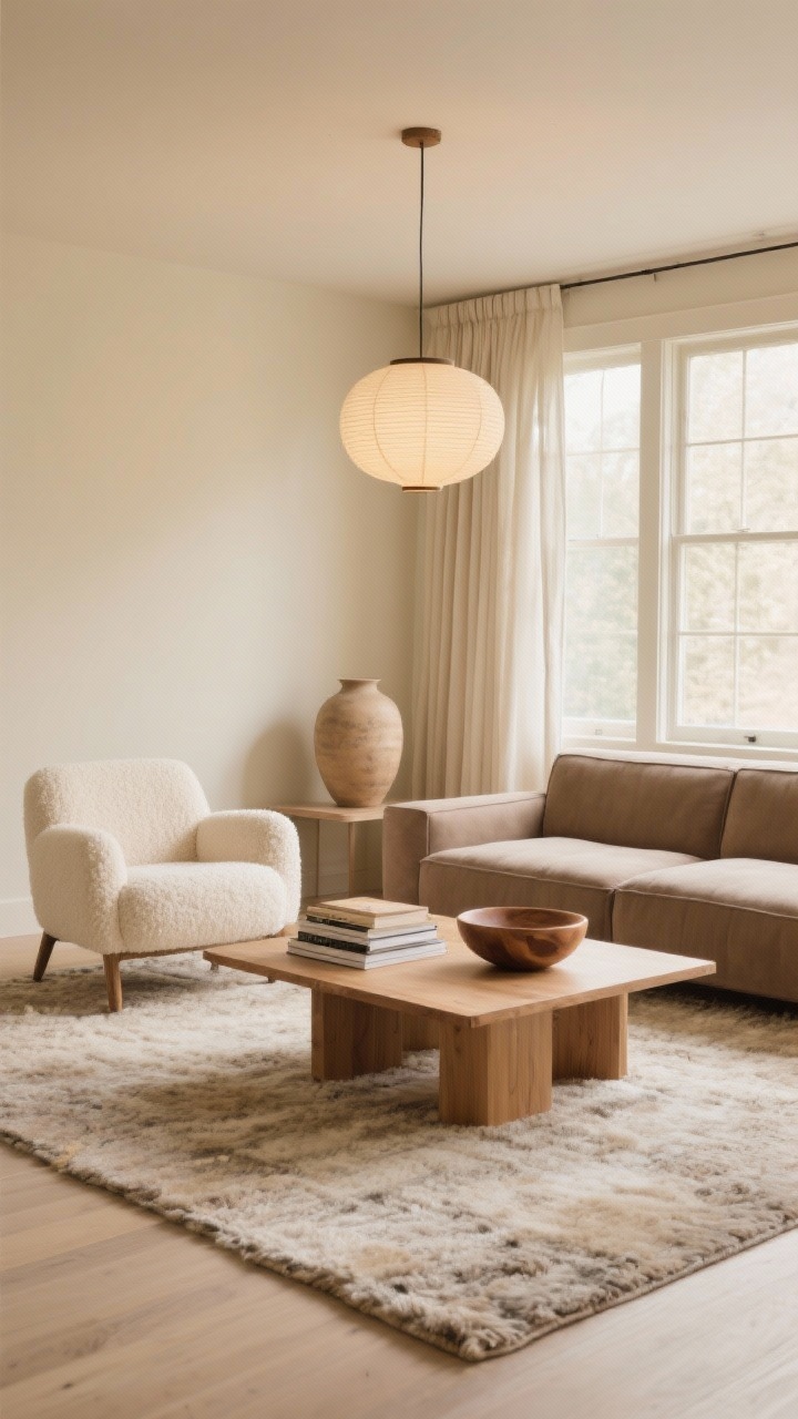 Wide room shot, Warm Minimalist with Soft Neutrals: a serene living room with buttery beige walls, a taupe modular sofa, and a low-profile oak coffee table centered on a textured wool rug; cream bouclé accent chairs flank the scene, linen drapes that kiss the floor filter warm 2700K light from a large window; a paper lantern pendant glows overhead; styling includes a single oversized ceramic vase, stacked coffee table books, and a sculptural wood bowl; color palette of sand, cream, oat, and soft white; photorealistic, straight-on perspective, airy and intentional.
