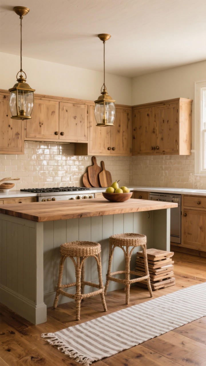 Wide, rustic kitchen scene: matte honey oak cabinets against creamy linen-painted walls, beige zellige tile backsplash with soft glossy reflections, central butcher-block island with two woven rush counter stools, antique brass lantern pendants with clear glass hanging above, oil-rubbed bronze pulls on cabinetry, wide-plank oak flooring in a natural satin finish. Style with a striped linen runner along the floor, stacked wooden cutting boards leaning on the backsplash, and a bowl of pears on the island. Warm, glowy lighting; photorealistic, no people.