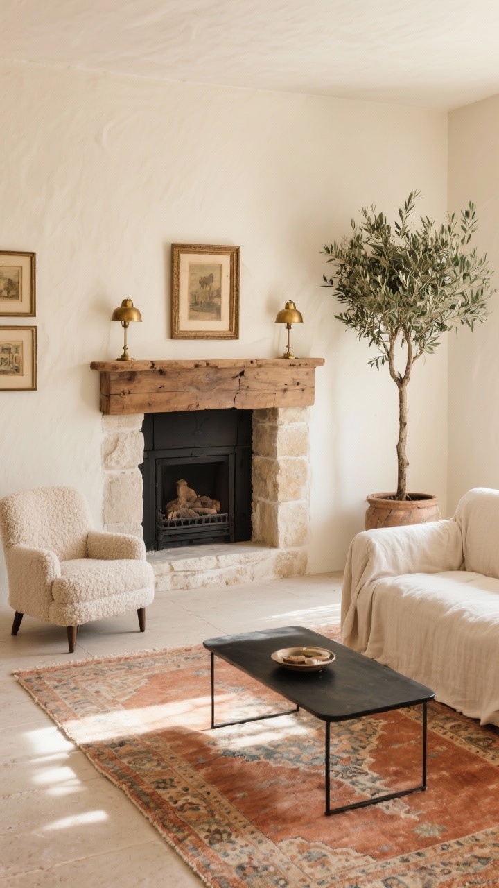 Wide shot: A creamy linen living room with warm ivory cream walls, a chunky linen slipcovered sofa, and a thin black metal coffee table centered on a vintage Turkish rug in faded terracotta; a limewashed stone fireplace with a reclaimed oak mantel as the focal point, flanked by two bouclé armchairs; antique brass picture lights illuminating framed art above the mantel; a tall olive tree in a rustic pot adds sculptural greenery; materials and palette: cream, ecru, warm stone, matte black, soft terracotta; soft afternoon natural light with gentle shadows; photorealistic, straight-on view.