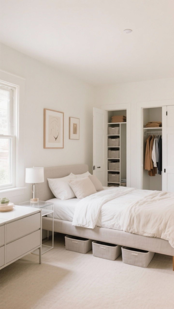 Wide shot: A freshly decluttered small bedroom styled in an airy, minimal palette of warm white, soft beige, and pale greige. Clear nightstand and dresser surfaces, empty window sills, and only a few deliberate decor pieces. Closet doors open showing off-season clothing neatly stowed in low-profile bins under a platform bed. The scene feels spacious and calm with 2–3 cohesive colors, soft natural daylight, and no visual clutter—show the room centered with balanced art and a restrained, intentional layout.