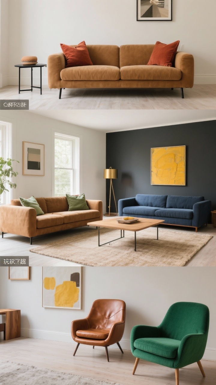 Wide shot: A living room styled to reflect a chosen vibe and color palette—option 1 shows Cozy + Warm with camel sofa, cream walls, rust pillows, and black metal accents; option 2 shows Fresh + Airy with soft white walls, sand-toned rug, sage pillows, and light oak coffee table; option 3 shows Modern + Moody with charcoal walls, inky blue sofa, brass floor lamp, and cognac leather chair; option 4 shows Playful + Bold with muted neutral base and a single saturated pop like emerald armchair or marigold artwork. Photorealistic, natural daylight, walls painted in soft neutral where applicable, art and textiles adding color, no people.
