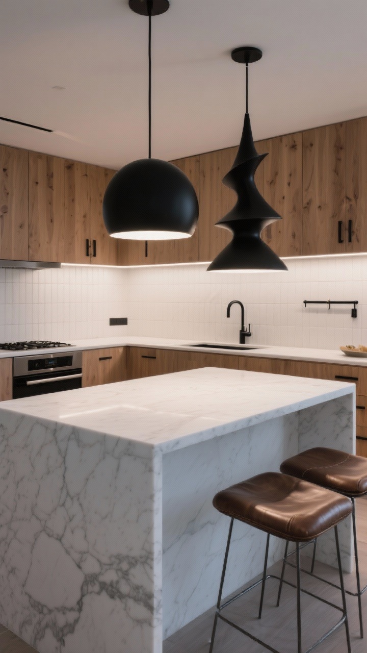 Wide shot: A modern kitchen centered on a sleek white island topped with honed Carrara marble, with two oversized matte-black sculptural pendants (hemisphere and abstract cone) hanging low to cast soft pools of light over the surface; medium-toned oak cabinetry with integrated pulls and a low-sheen finish; thin-set vertical stack white zellige backsplash kept simple so the pendants dominate; blackened steel taps, linear black bar pulls, and leather-topped counter stools with slim metal legs; palette of white, oak, matte black, and soft gray marble veining; photorealistic, no people, cinematic evening glow.