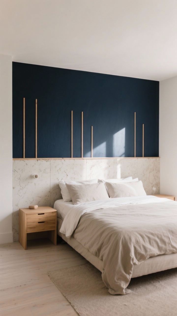 Wide shot: A serene bedroom with the bed centered against a designated focal wall treated as the “main character” — the wall behind the bed painted in deep navy, while the other walls are soft warm white. The focal wall features slim vertical wood slats on the lower half and subtle limewash texture above for quiet movement. Neutral linen bedding, light oak nightstands, and minimal decor keep it calm. Soft afternoon natural light grazes the textured wall, highlighting the moody drama of the deeper shade. No people.