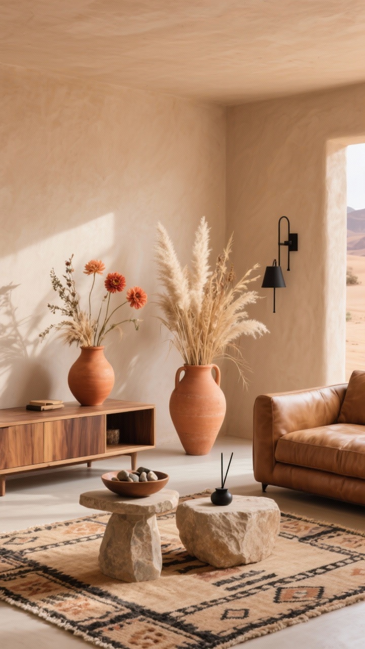 Wide shot, angled perspective: A serene desert modern den with soft clay beige walls and a camel leather sofa on a flatwoven kilim rug. A low walnut credenza is anchored by a terracotta amphora-style vase arranged with rustic dried grasses, pampas plumes, bleached ruscus, and muted terracotta dahlias. Include blackened iron sconces on the wall and a sculptural stone side table. Style with a ceramic bowl of desert stones and a matte black incense holder. Palette: clay, sand, camel, charcoal. Materials: terracotta, leather, wood, iron, stone. Sun-kissed, warm natural light, calm and tactile, photorealistic.