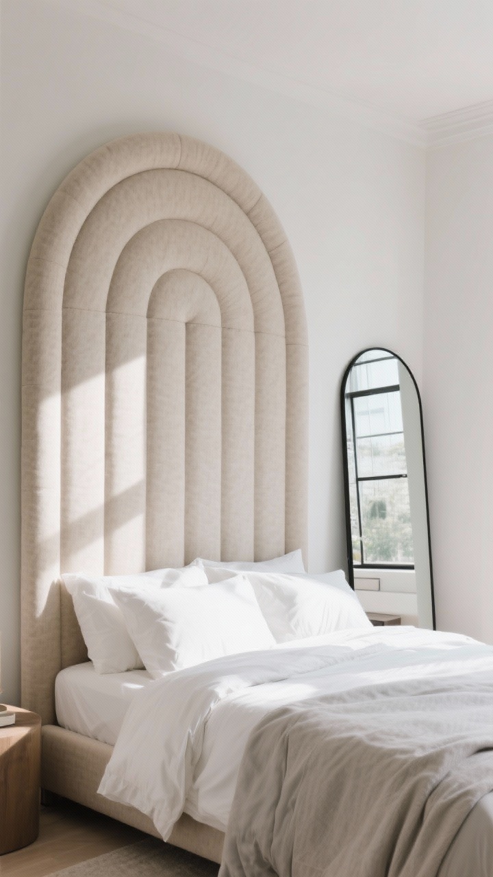 Wide shot: Bold yet calm statement—an oversized arched upholstered headboard in textured oatmeal fabric reaching high on the wall, acting as the hero piece. Adjacent wall leans a tall floor mirror with a thin black metal frame, bouncing natural light to expand the space. Walls remain minimal; bedding in layered whites and soft grays. Afternoon light for gentle highlights; the rest of decor understated to avoid clutter. No people.