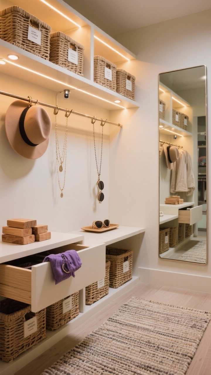 Wide shot, boutique-style closet vignette: warm LED strip lights under shelves and motion-sensor puck lights illuminate uniform baskets, clear, consistent label maker tags, and a slim full-length mirror reflecting a flat-woven rug; cedar blocks and a lavender sachet peeking from a drawer hint at a signature scent; favorites displayed—hats on pegs, necklaces on a slim rail, sunglasses on a small tray; upscale, inviting mood, clean photorealism.