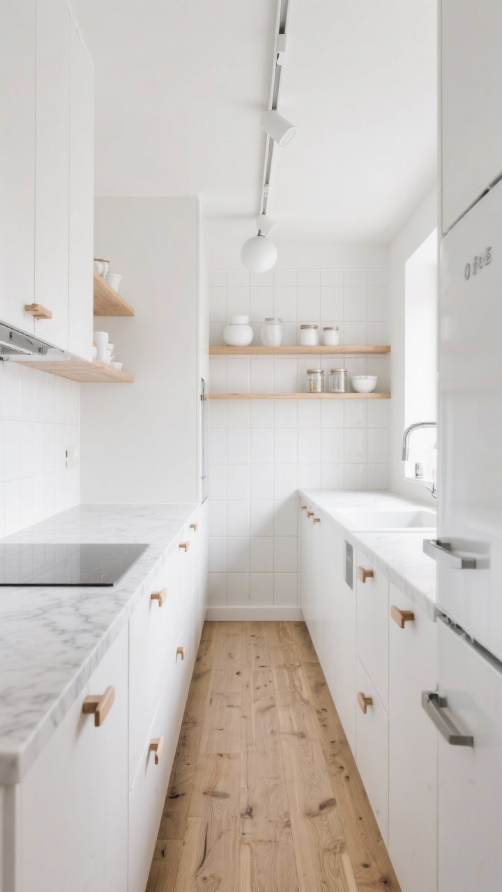 Wide shot, bright Scandinavian small kitchen in cloud-white calm: flat-front matte white cabinets with slim oak finger pulls, minimal pale quartz counters with soft gray veining, full-height vertical white zellige tile backsplash, open shelving in blond ash styled with white ceramics and clear canisters, narrow-plank whitewashed oak flooring laid lengthwise, integrated panel-ready fridge, slim induction cooktop, discreet pulls and push-latch doors; lighting includes a linear white track with adjustable heads and a small opal globe over the sink; airy, sunlit café mood, photorealistic, straight-on view.