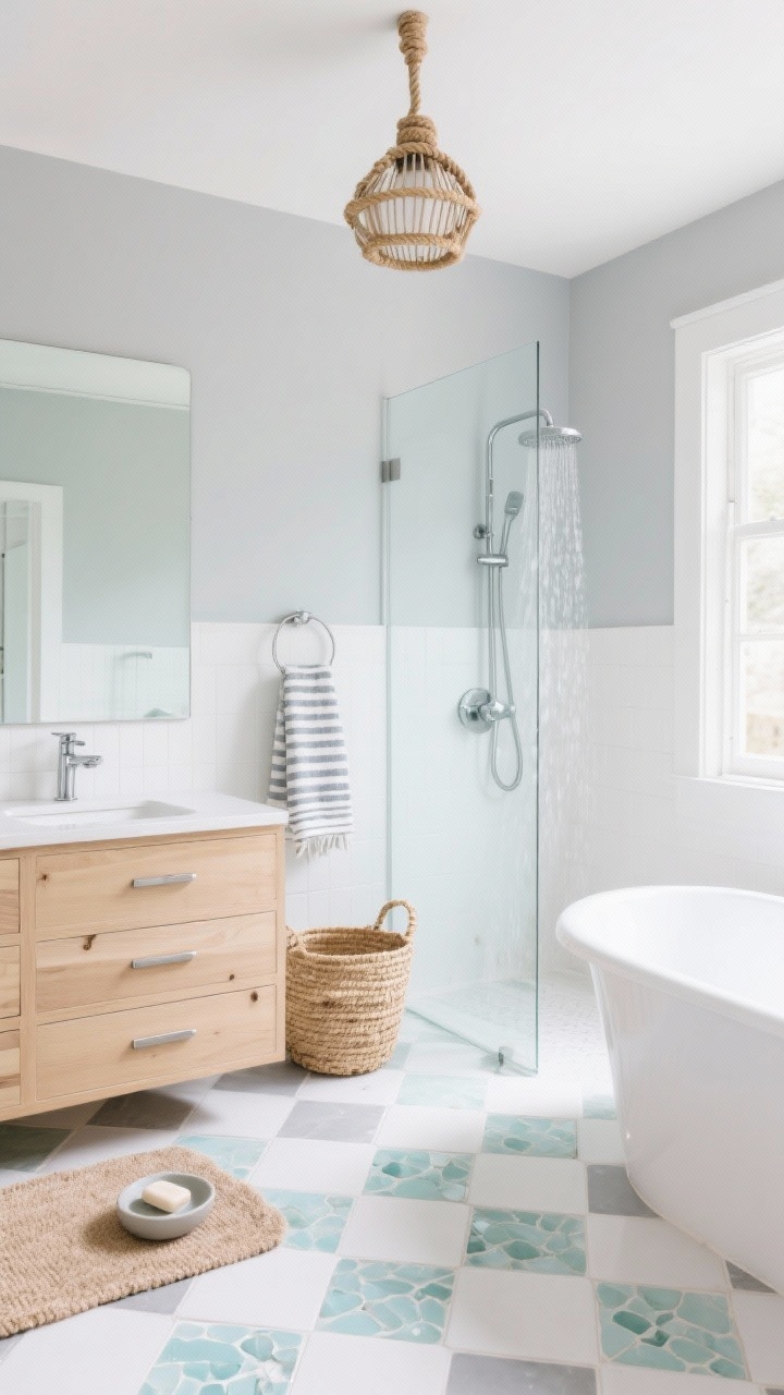 Wide shot, Coastal Calm bathroom: photorealistic bright space with soft sea-glass hexagon floor tiles mixing milky aqua, foggy gray, and pearly white; cool white grout keeps pattern airy. Bleached oak vanity drawers with brushed nickel hardware, frameless mirror above. Walls in a whisper salted gray. Chrome rain shower with clear glass enclosure and a freestanding tub. Styling: rope-wrapped pendant light, striped Turkish towels on a hook, woven baskets, sandy-toned bath mat, matte ceramic soap dish. Breezy beach bungalow mood, soft daylight.