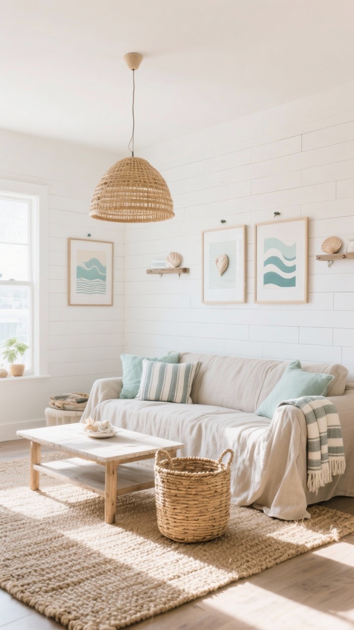 Wide shot, coastal calm living room: sun-washed neutrals with a peel-and-stick woven jute rug, sofa draped in a relaxed linen slipcover, removable shiplap wallpaper in soft white/driftwood gray on the walls, renter-safe picture ledges hung with command strips displaying framed abstract waves and shells; plug-in rattan pendant centered over the coffee table, oversized basket with striped throw blankets beside the sofa; palette of sand, seafoam, soft white, driftwood; bright natural daylight, breezy textures, beachy serenity.