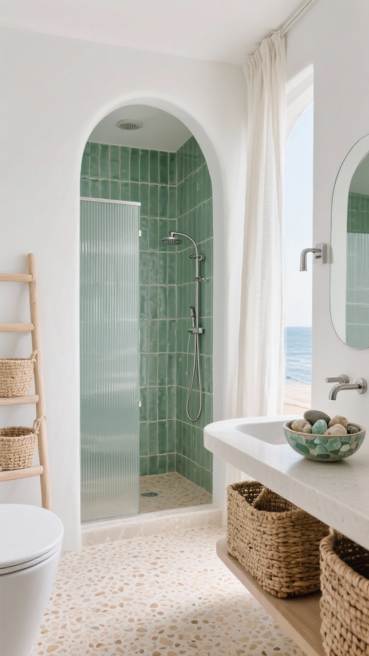 Wide shot, Coastal Calm With Curves: modern beach-inspired bathroom featuring curved architecture—a rounded shower wall with fluted glass, an arched niche, and a soft-radius vanity top; sea-glass green zellige tiles line the shower, warm sand-toned terrazzo floor, matte white walls; brushed stainless steel fixtures for crisp contrast; pale wood ladder shelf with woven baskets, linen curtains filtering hazy daylight like sea mist; ceramic bowl of smooth beach stones on vanity; palette sea-glass green, sand, matte white, brushed steel; photorealistic, breezy, airy.