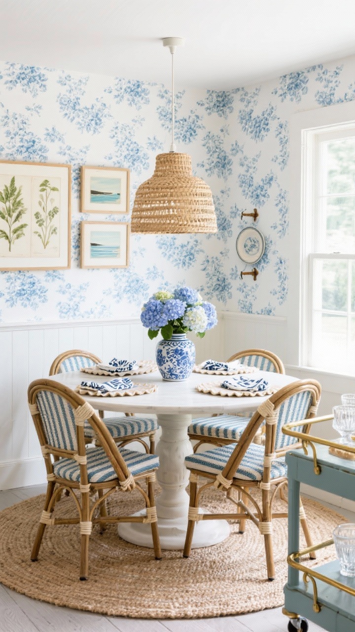 Wide shot — Coastal Grandmillennial Dining Nook: An airy dining nook lined with blue-and-white floral peel-and-stick wallpaper, centered round pedestal table surrounded by rattan bistro chairs with striped cushions, a plug-in rattan pendant hanging directly over the table, natural fiber rug grounding the scene, a slim gallery ledge displaying vintage botanicals and small seascapes, scalloped placemats and block-print napkins on the table, a painted bar cart with brass rails and glassware to the side, hydrangeas in a blue-and-white ginger jar as the centerpiece; adhesive hooks holding a small plate wall nearby; soft daylight with a breezy cottage-by-the-sea mood.