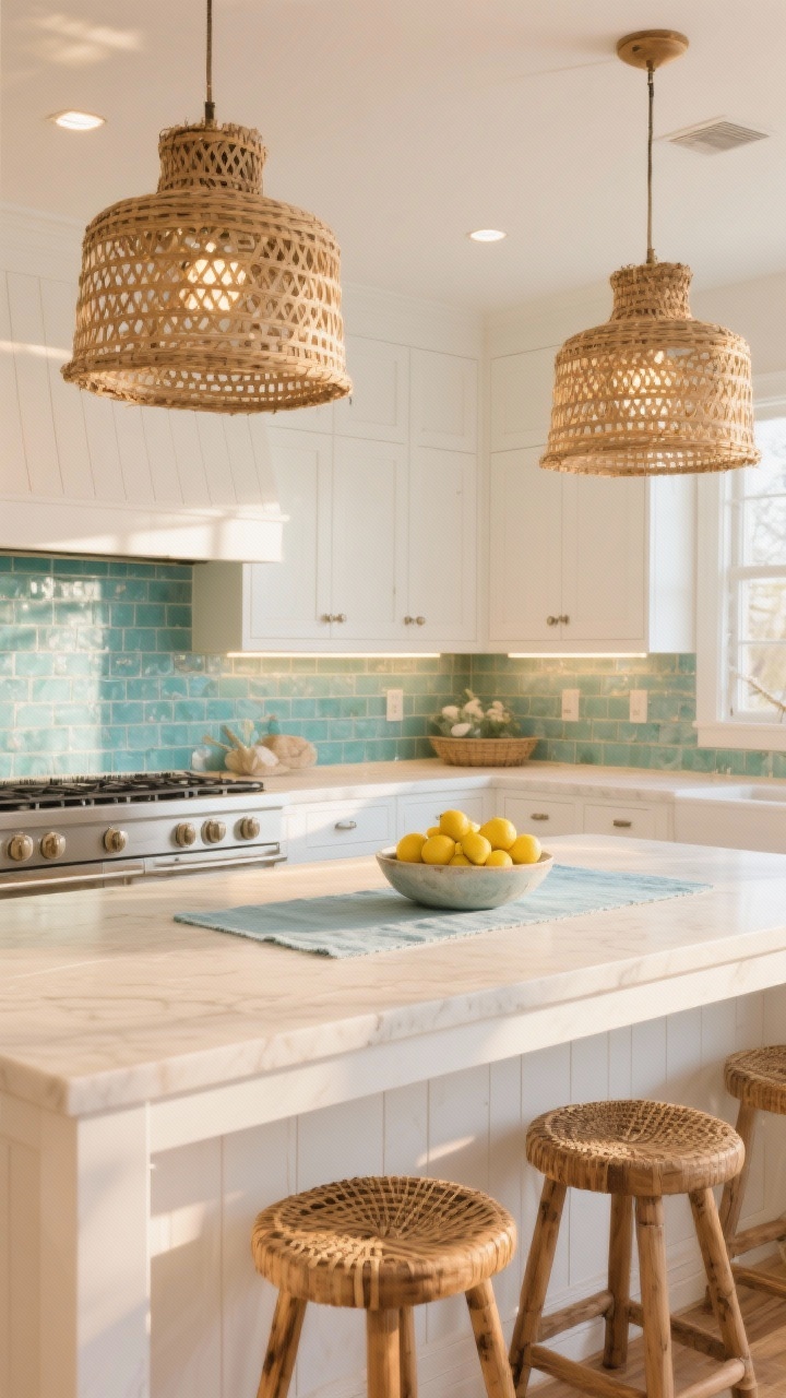Wide shot, coastal kitchen at golden hour: white oak island with creamy quartz top, two oversized natural rattan basket-weave pendants casting warm patterned shadows over weathered teak bar stools; soft white shaker cabinets with brushed nickel pulls, shiplap-wrapped range hood; sea-glass blue-green tile backsplash shimmering under warm-white LED under-cabinet strips; subtle recessed downlights; palette of white, sand, sea-glass, natural rattan; bowl of lemons on the island and a pale blue runner; bright, breezy, sun-kissed mood, photorealistic, no people.