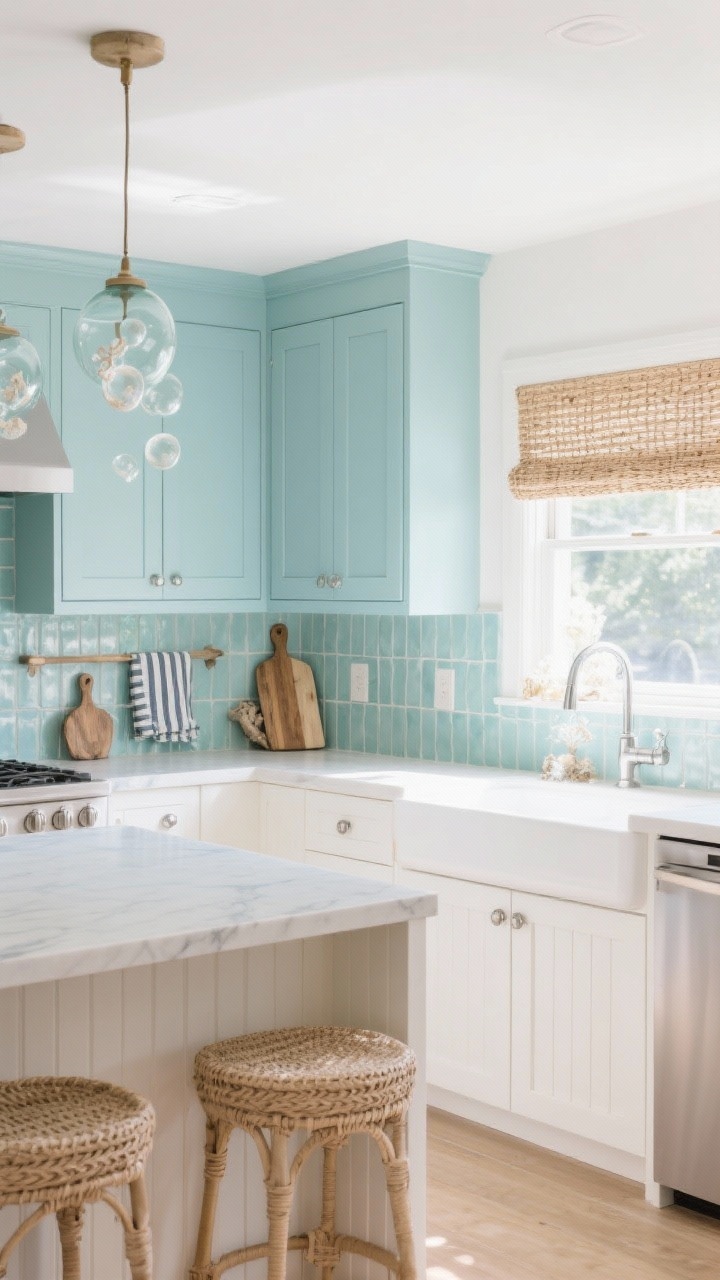 Wide shot, coastal light and airy kitchen: uppers painted sea-glass blue, lowers white; sandy neutrals and woven textures; vertical beadboard or pale aqua zellige-look tile backsplash; woven shades at the window; beadboard paneling on the island base; matte nickel hardware; glass pendants resembling sea bubbles; accents of driftwood cutting boards and striped tea towels; sunlit, breezy vibe, photorealistic, no people.