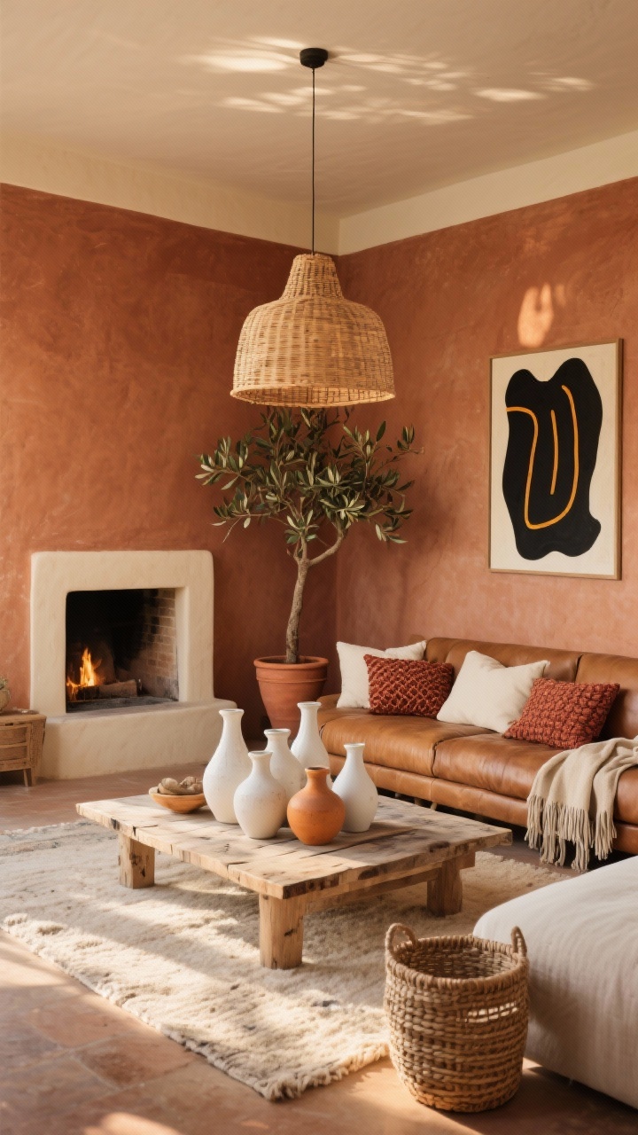 Wide shot, Earthy Boho Hearth living room at golden hour: sun-baked clay terracotta walls with warm cream trim, camel leather low sofa layered with cream and rust woven pillows, light natural rug, distressed wood coffee table styled with a cluster of ceramic vases in chalky whites and ochres, woven rattan pendant casting dappled warmth, abstract black and ochre line prints on the walls, olive tree in a terracotta pot, fringed throw, and a woven basket side table; photorealistic, organic Mediterranean feel, soft warm lighting, no people.