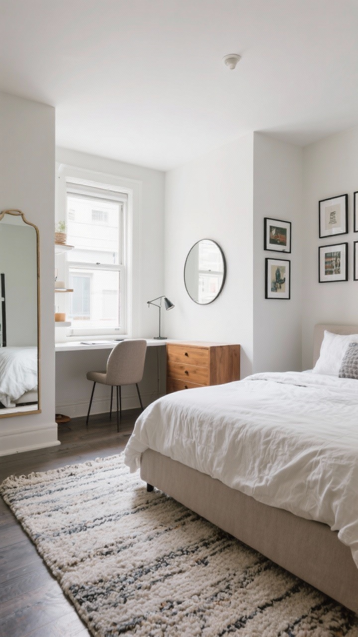 Wide shot from a corner angle: A tiny bedroom divided into zones—sleep area anchored by an 8x10 low-pile rug under a queen bed, dressing area with a full-length mirror opposite a window to bounce light, and a mini work nook defined by a floating shelf desk, tiny task lamp, and compact chair. Large round mirror above the dresser, art hung slightly lower over the headboard, and a tidy, consistent-frame gallery wall with tight spacing. Bright, natural light and a calm, cohesive color scheme.