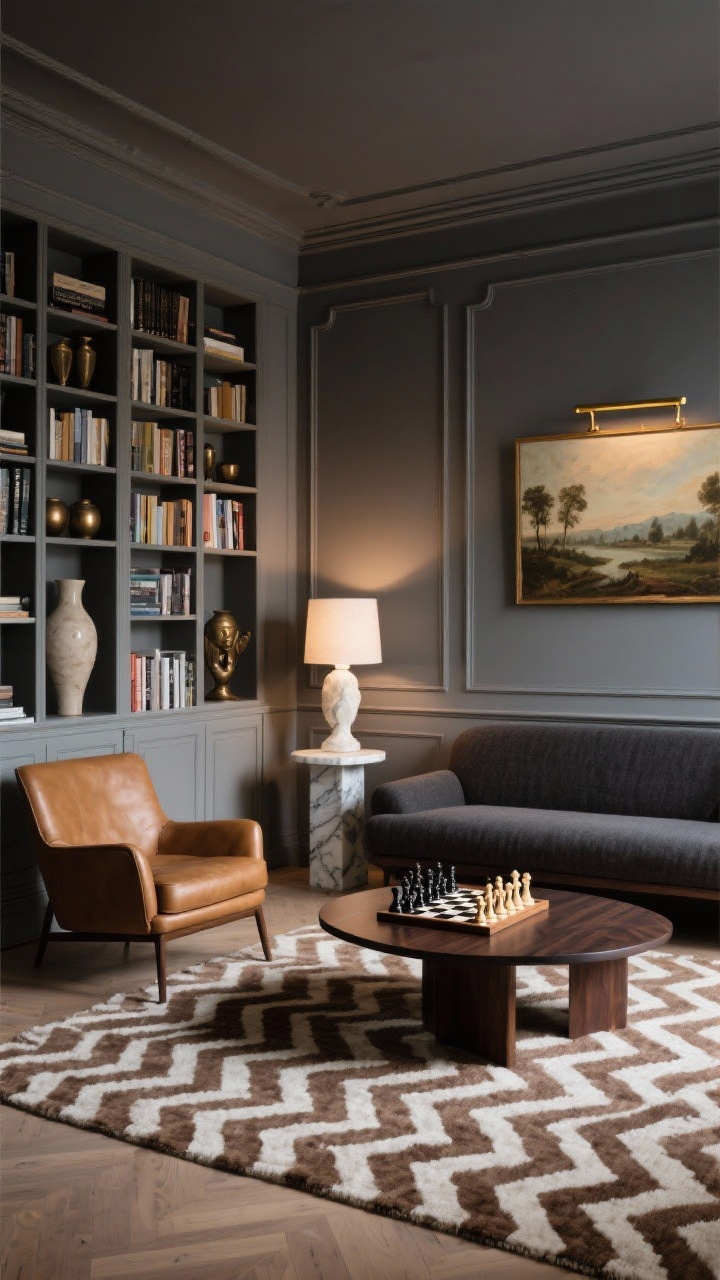 Wide shot from a slight corner perspective: A modern Parisian-inspired library with smoky taupe walls and simple applied molding, ceiling painted a shade deeper for a cocoon effect; floor-to-ceiling bookcases sparsely styled with art books, ceramic vessels, and bronze objets; seating cluster includes a camel leather club chair and a low armless settee in charcoal wool around a dark-stained oak coffee table with rounded corners; layered lighting with a brass picture light over a large vintage landscape and a sculptural alabaster table lamp on a petite pedestal side table; flatweave rug in tobacco and ivory herringbone; a small marble chess set left mid-game; moody, refined ambiance.